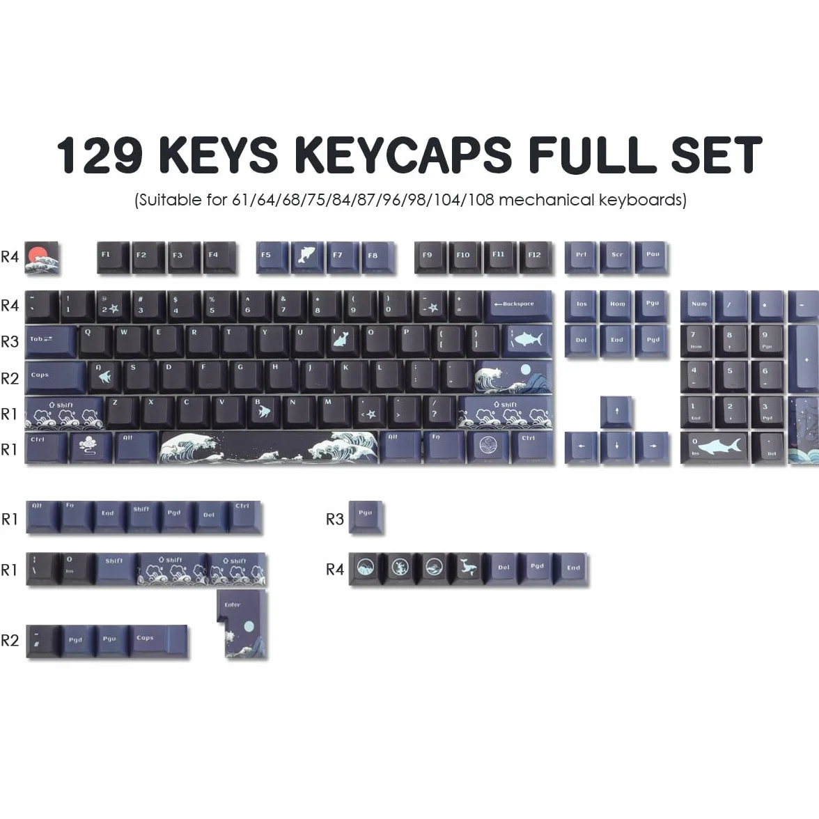Sunzit PBT Custom Keycaps, 129 klawiszy Coral Sea nakładki na klawisze Cherry Profile Dye-Sub Shine Through Side Printed Keycaps do mechanicznej klawiatury gamingowej ISO/ANSI UK Layout (czarne)