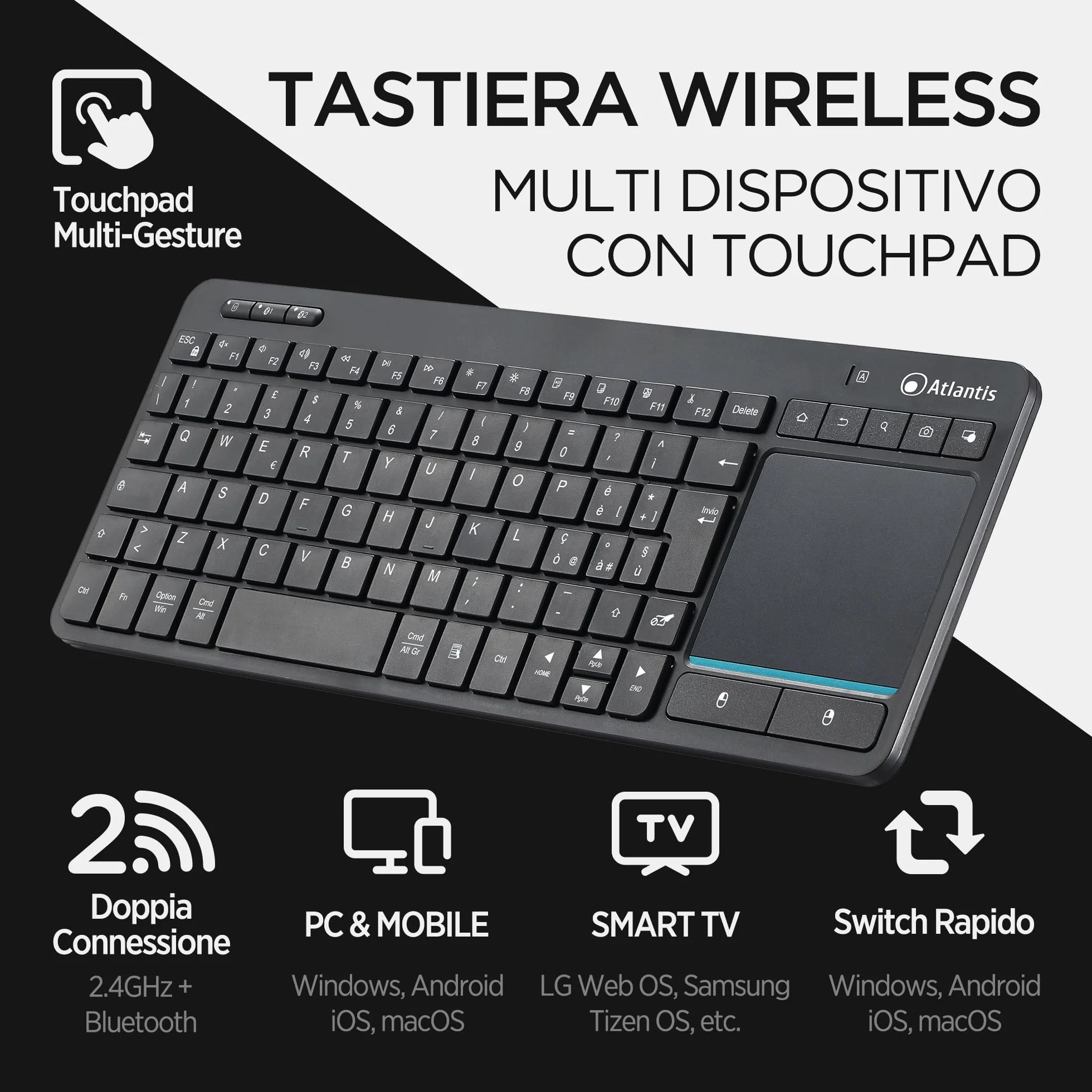 Atlantis Mini klawiatura bezprzewodowa z touchpadem Multi-Touch QWERTY RF Bluetooth