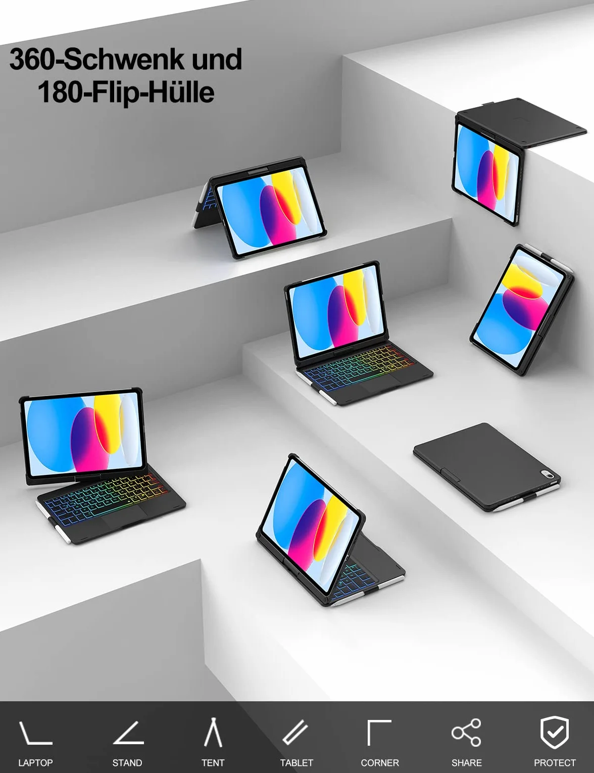 JADEMALL Etui na iPad 11 generacji A16 z klawiaturą, 7 kolorów, podświetlana, bezprzewodowa, zdejmowana klawiatura, elastyczne etui TPU z uchwytem na rysik do nowego iPada 10./11. generacji