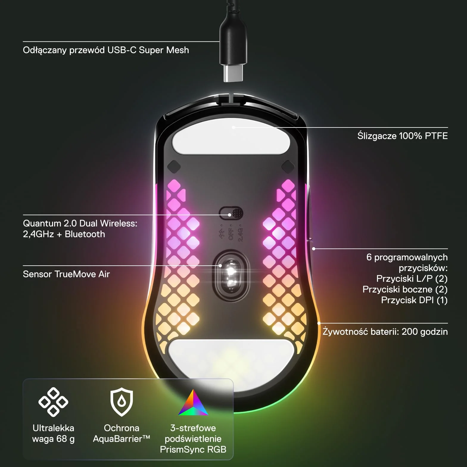 SteelSeries Aerox 3 Wireless Mysz RGB Ultralekka Wodoodporna Sensor TrueMove Air 18K DPI Onyx