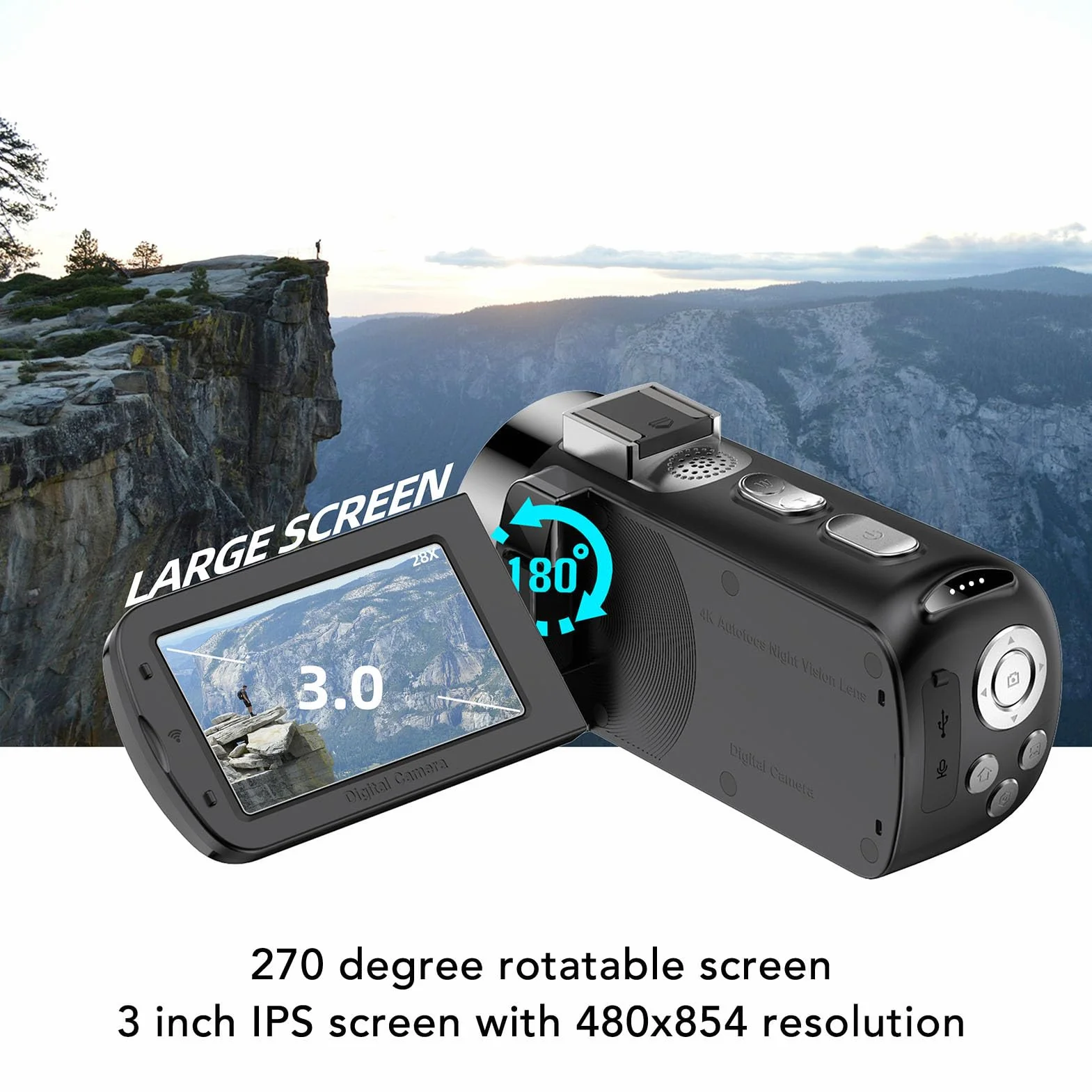 Kamera Wideo, 4K 64MP Ultra HD Kamera, 3 -calowy Ekran Flip WiFi Vlogging Rejestrator z 28x Cyfrowy Zoom, IR Nocne Widzenie, Bateria 4800 MAh dla YouTube
