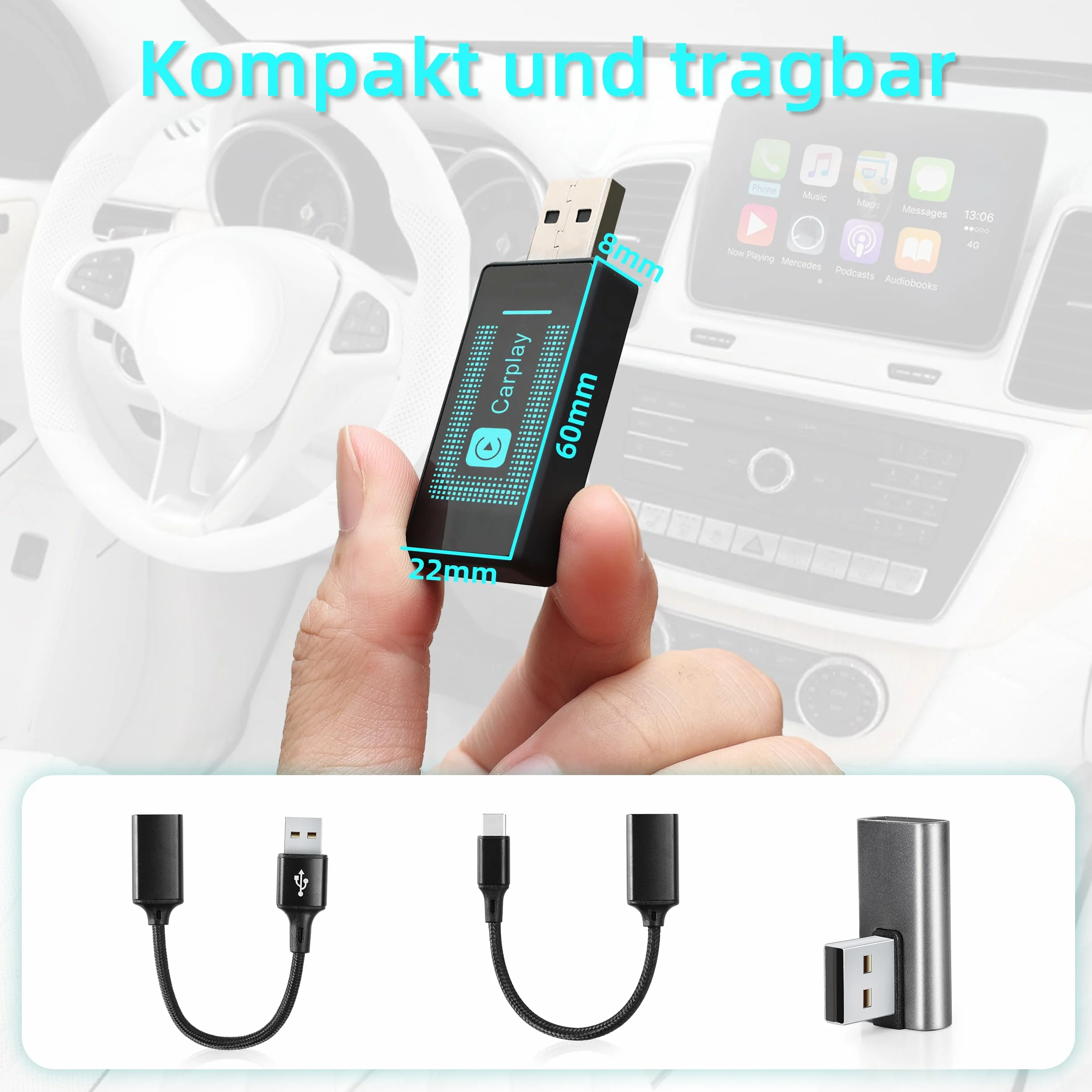 Pashlysh Bezprzewodowy adapter Carplay do iPhone'a, upgrade 2024, USB CarPlay, pendrive do bezprzewodowej obsługi, łatwa funkcja Plug & Play, kompatybilny z samochodami od 2016 i iPhone iOS 10+