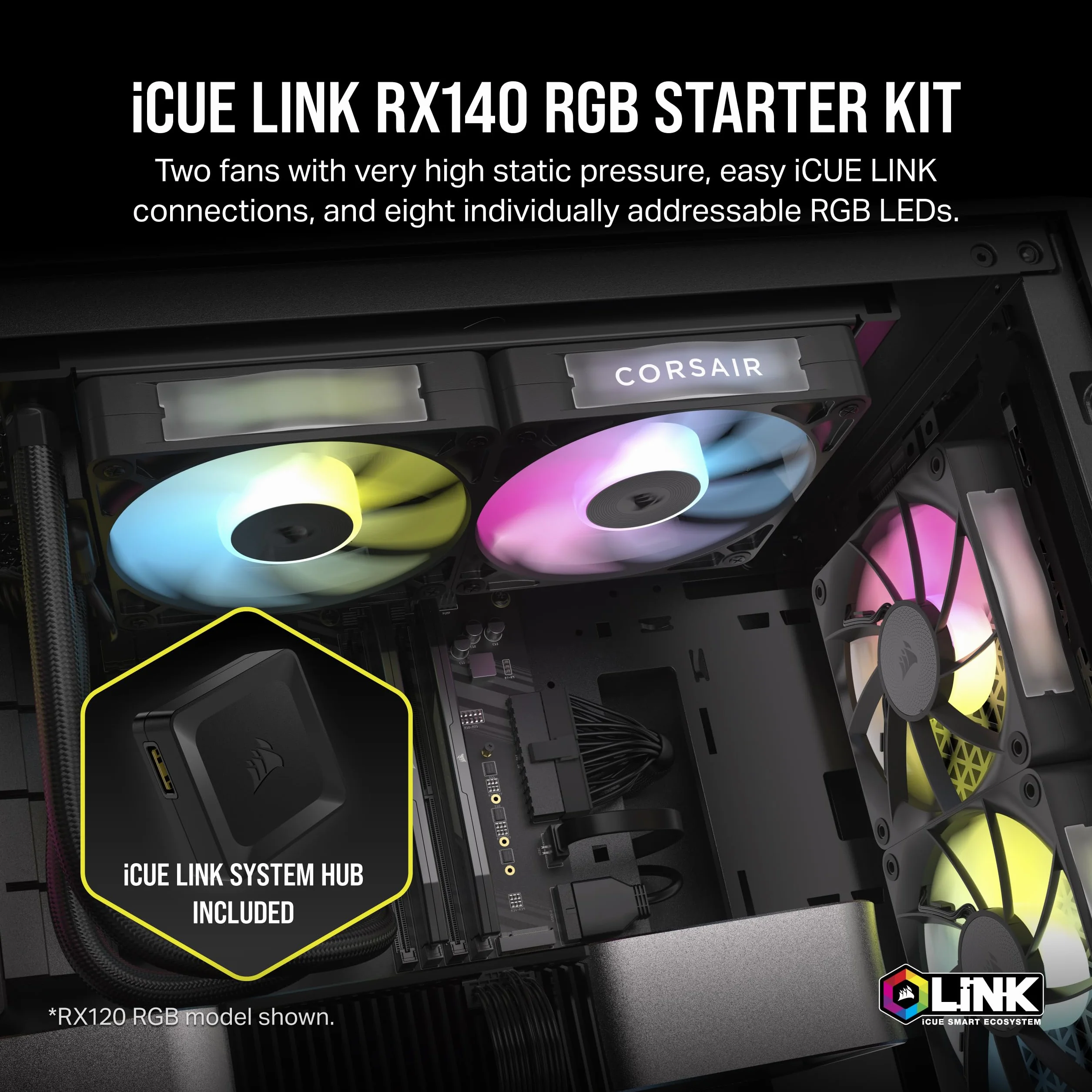 CORSAIR iCUE LINK RX140 RGB 140 mm PWM Wentylatory z Koncentratorem Systemowym iCUE LINK - Magnetyczne Łożysko Kopułkowe - PDwupak - Czarny