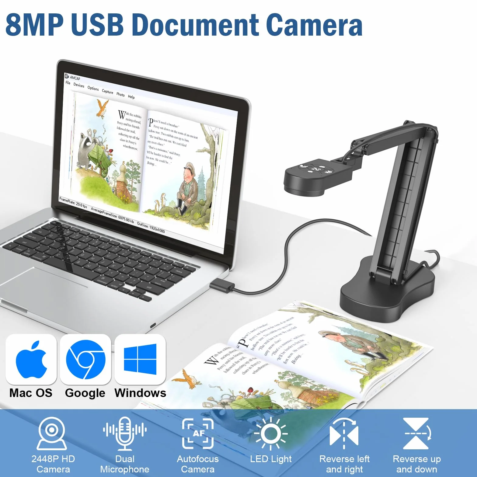 8MP USB Kamera do Dokumentów, Wizualizator w Klasie do Nauczania z 3-Poziomowym światłem LED, Funkcją Odwrócenia Obrazu, Fałdem, Podwójnymi Mikrofonami dla Mac OS, Windows, Chromebooks