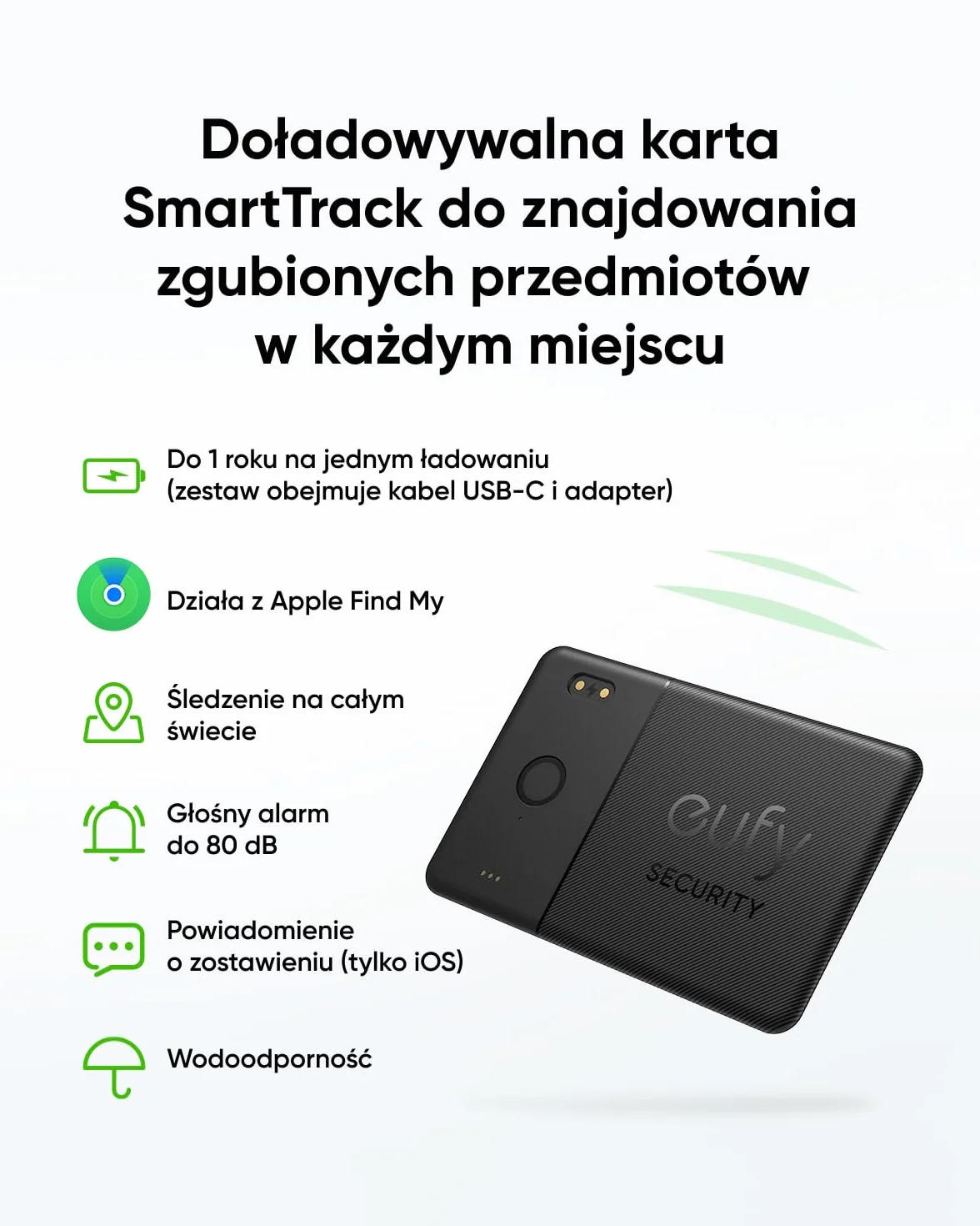 Karta SmartTrack E30 firmy eufy (czarna, 1 sztuka), ładowalna, działa z Apple Find My (tylko iOS), lokalizator Bluetooth, idealna do portfela, paszportu i laptopa, wodoodporna