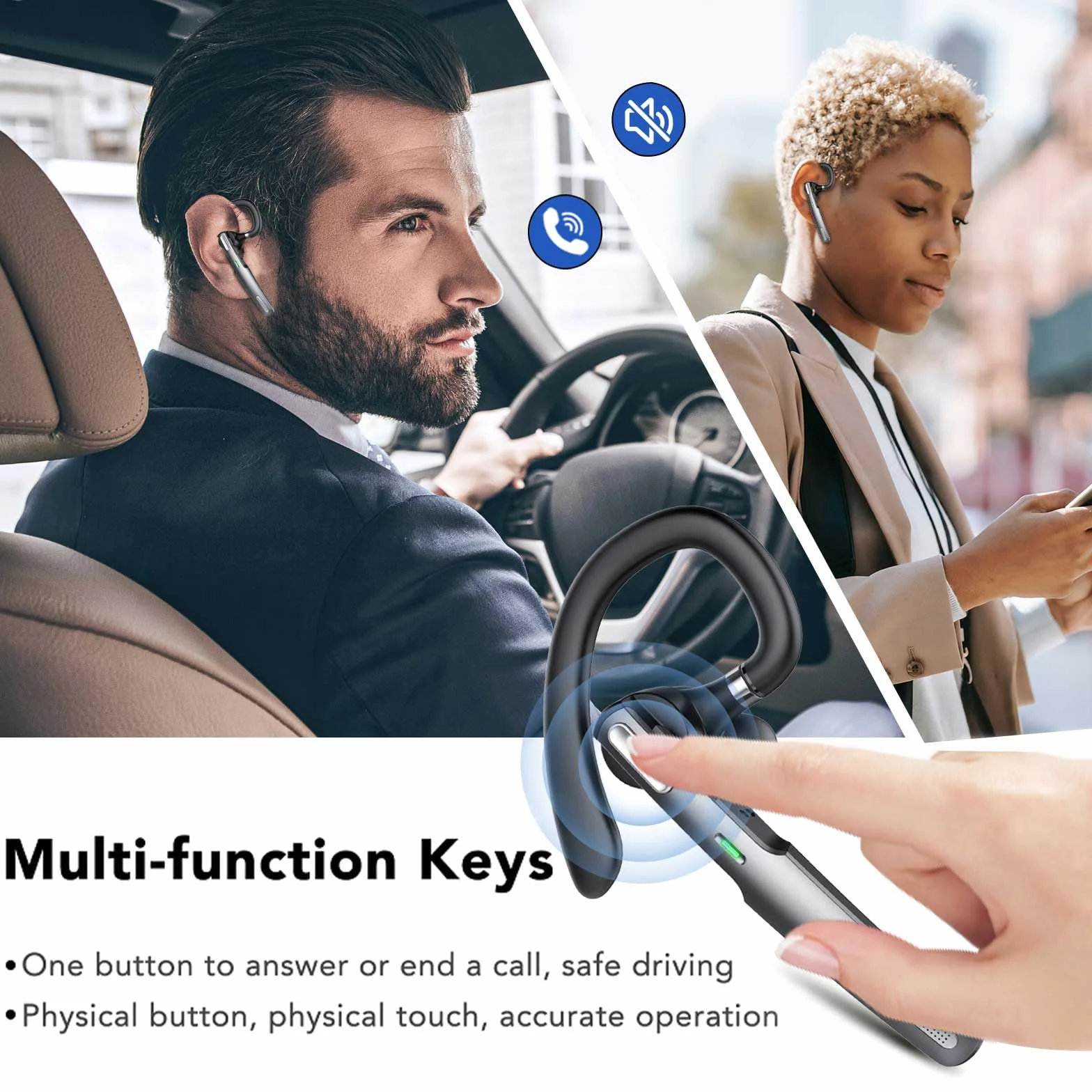 Zestaw słuchawkowy Bluetooth V5.3, zestaw głośnomówiący 100H Talk, bezprzewodowy zestaw słuchawkowy z mikrofonem ENC z redukcją szumów, wyświetlacz LED, wodoodporność IP7, słuchawki douszne do