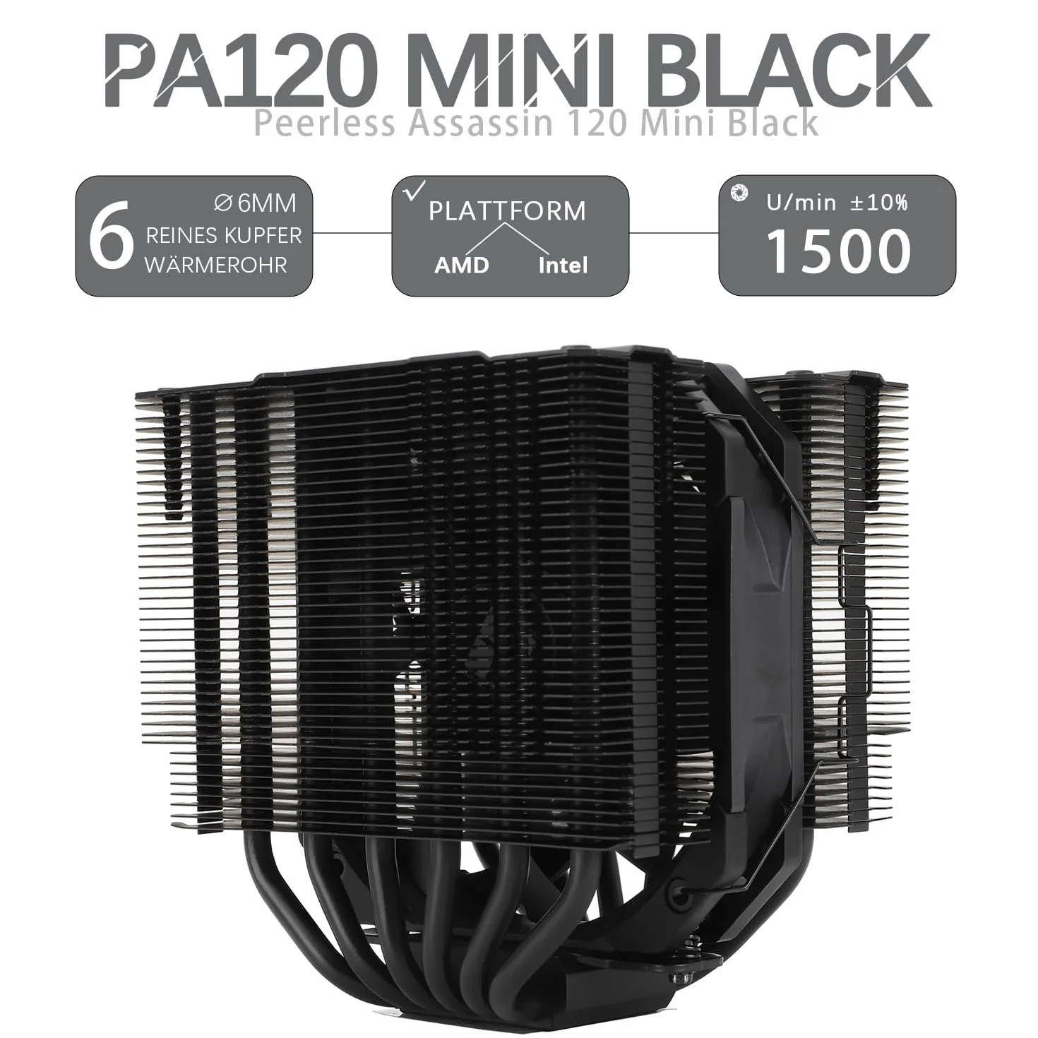 Thermalright Peerless Assassin 120 MINI Black chłodnica procesora, podwójna wieża, 6 x 6 mm rurki grzewcze, wentylator PWM 12 cm, 25,6 dBA, czarny Top Cover, AM5/AM4