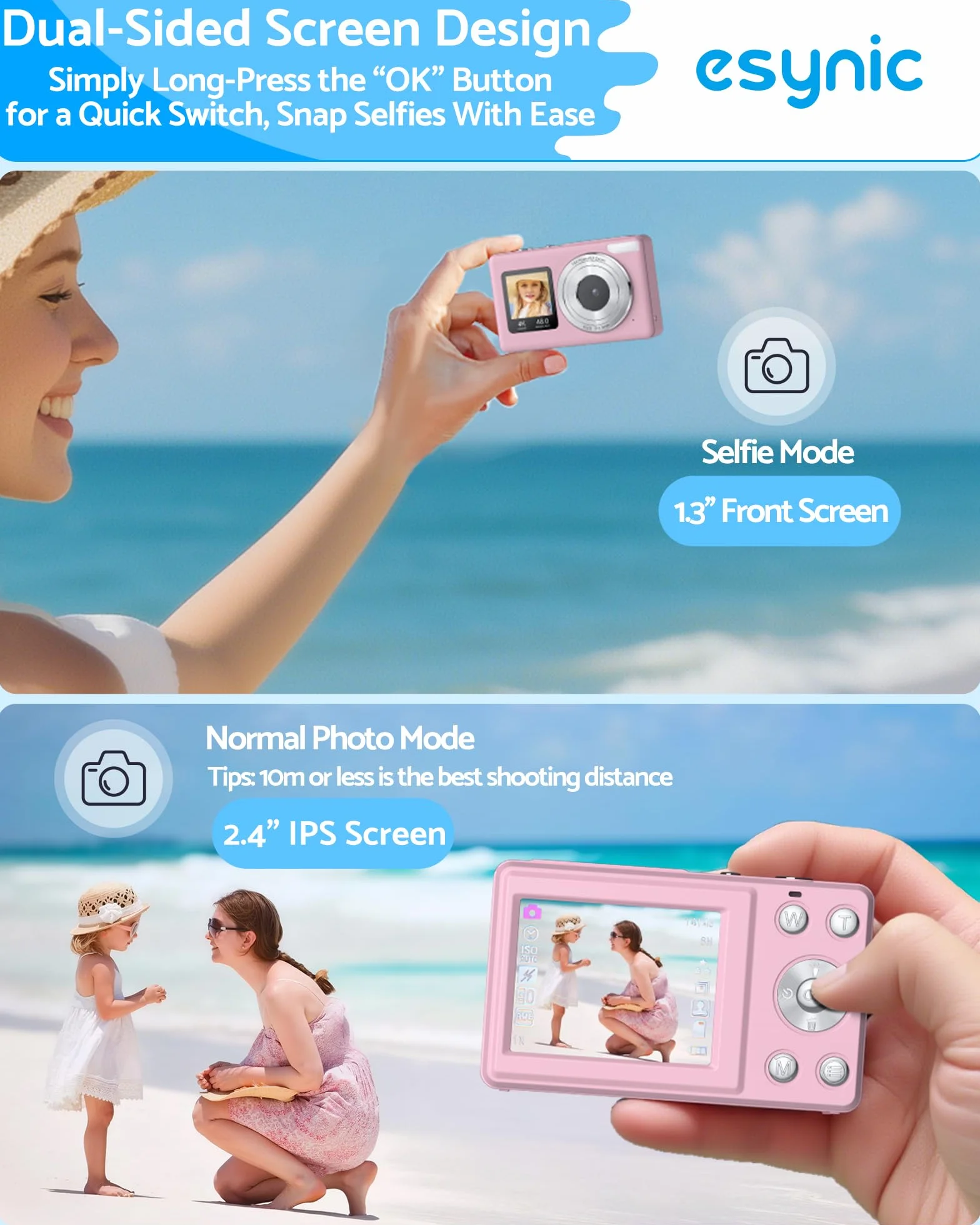 eSynic Kompaktowy aparat cyfrowy 4K 48 MP 18-krotny zoom autofokus karta SD 32 GB ekran do selfie