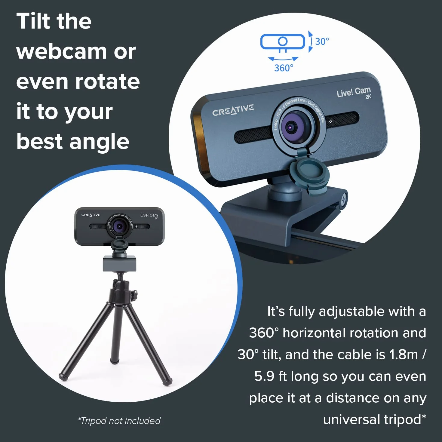 CREATIVE Live Sync V3 kamera internetowa 2K QHD USB z 4-krotnym zoomem cyfrowym i mikrofonami, 1080p HD, pole widzenia do 95°, osłona obiektywu, do PC i Mac