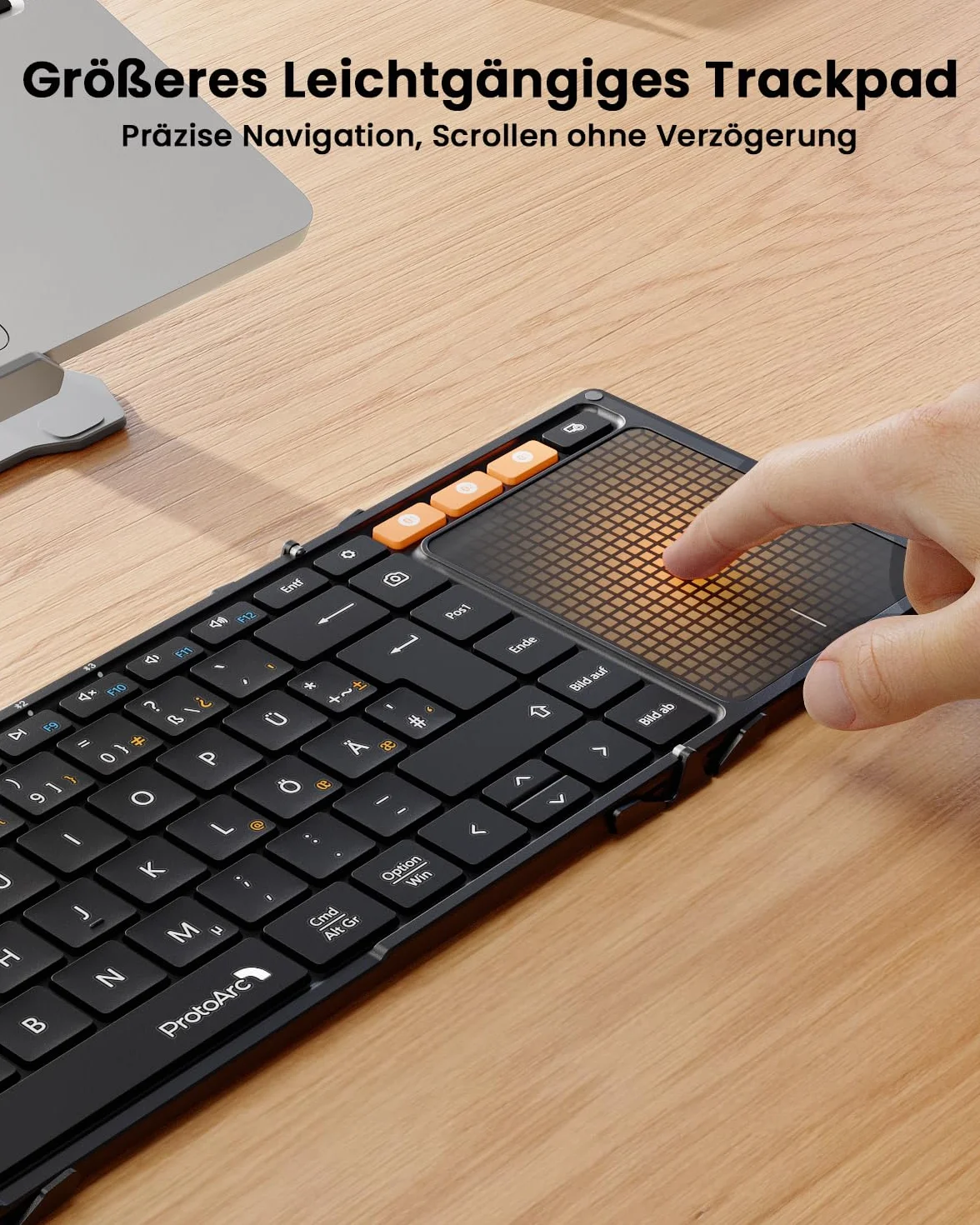 ProtoArc XK01 TP klawiatura Bluetooth składana z touchpadem, bezprzewodowa klawiatura składana QWERTZ niemiecka z dużym touchpadem dla iPad, iOS, Android, Windows Laptop PC Tablet - Czarny