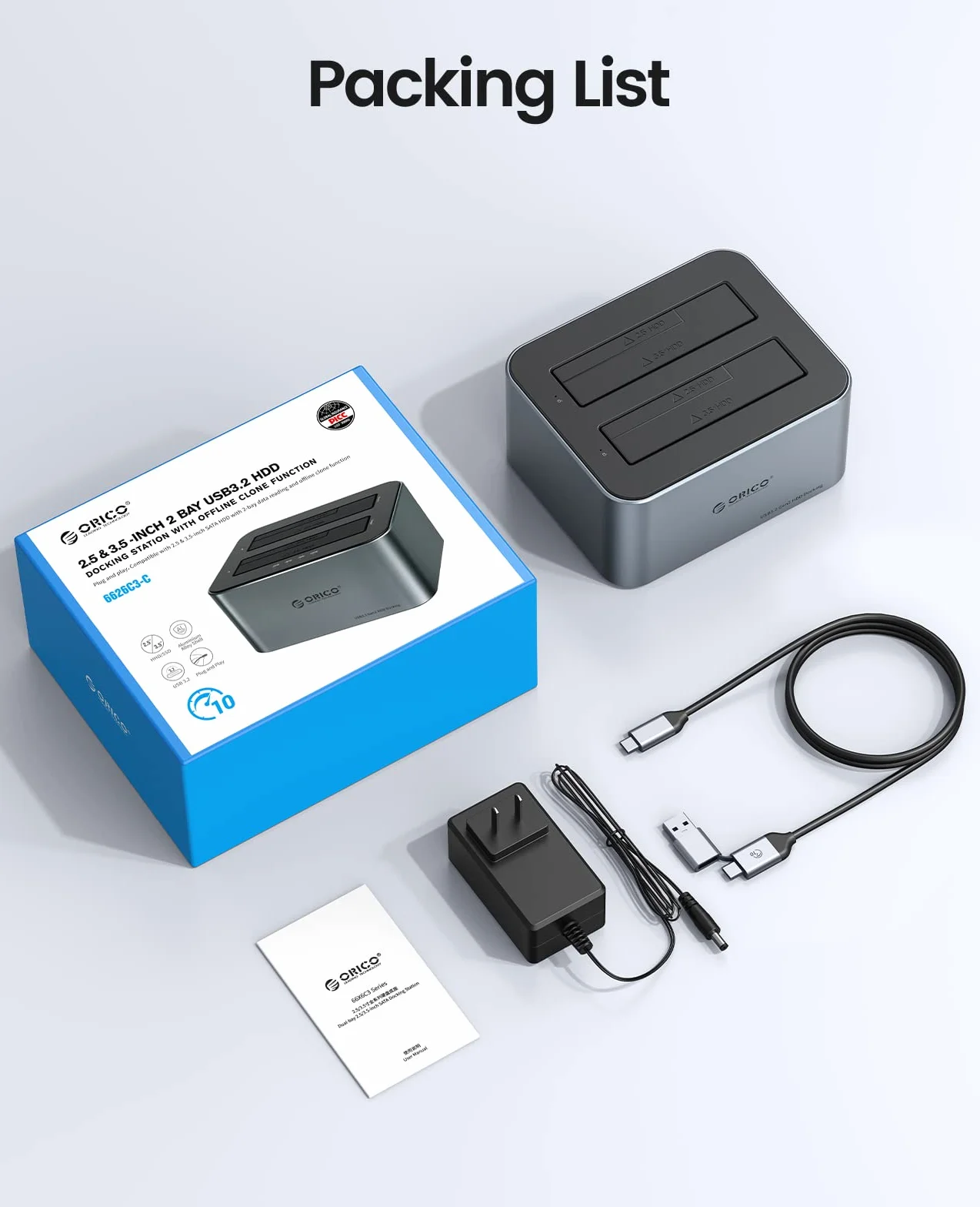 ORICO Aluminiowa stacja dokująca z podwójnym dyskiem twardym, USB 3.2 Gen 2 do SATA 2,5/3,5 cala SSD/HDD, 2 kieszenie, zasilacz 12 V 3 A, obsługuje 2 x 18 TB, bez użycia narzędzi (6626C3)