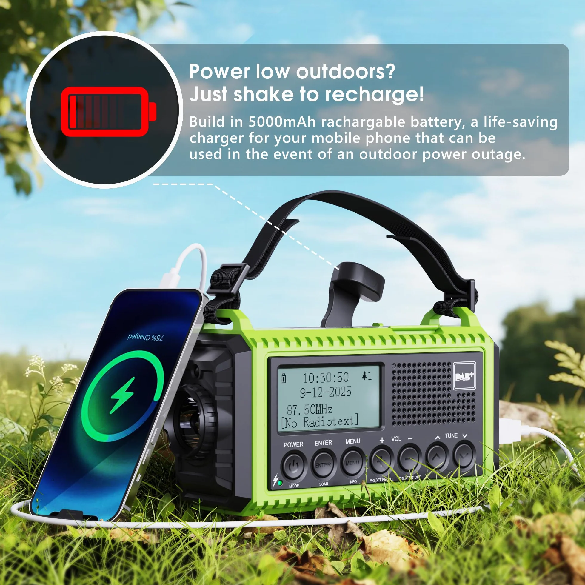 Radio korbowe DAB przenośne radio, radio korbowe z funkcją ładowania telefonu komórkowego, radio UKW/DAB Plus, akumulator 5000 mAh, do ponownego ładowania, awaryjna korbka radiowa, z latarką LED i lampką do czytania, alarm SOS na kemping
