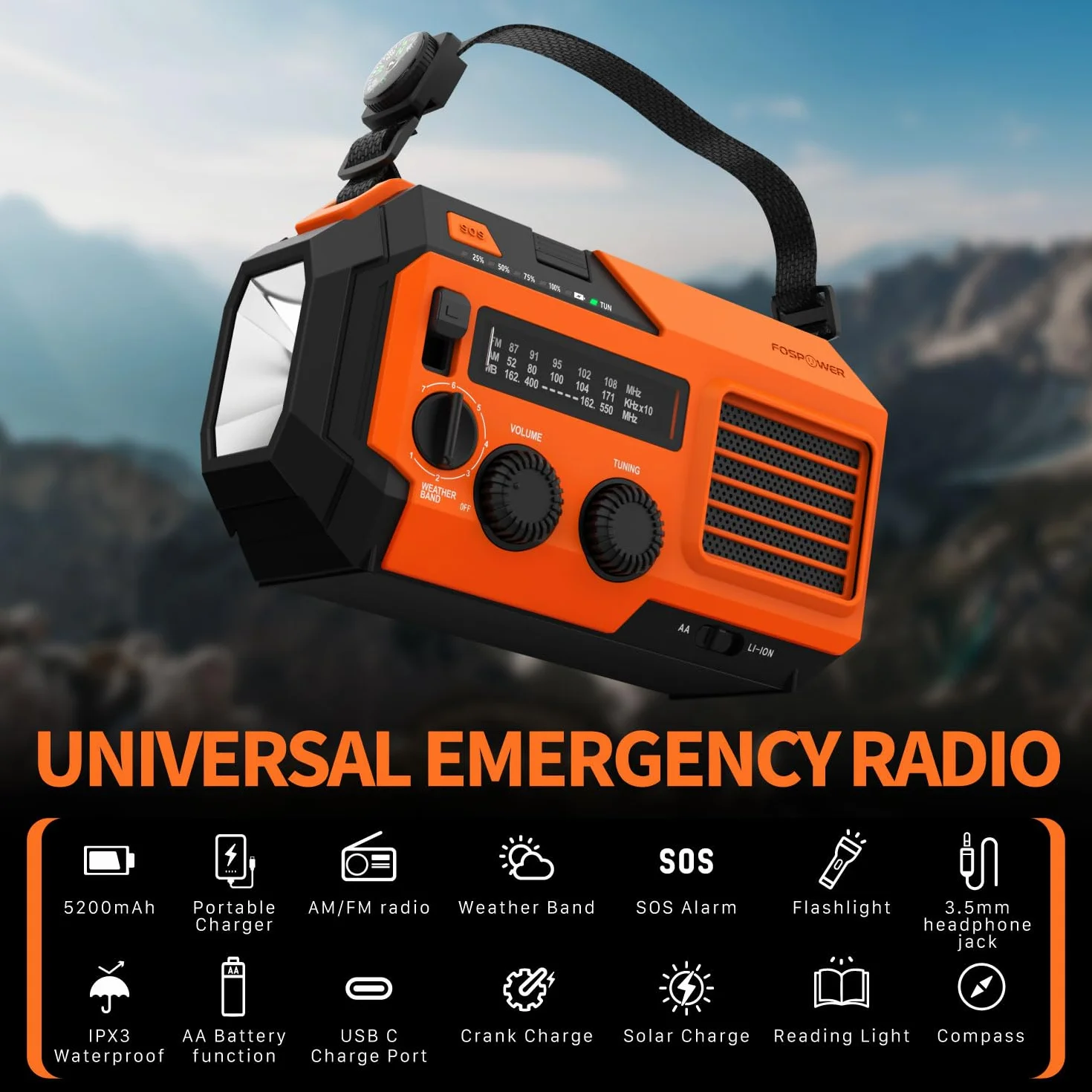 FosPower Awaryjne radio pogodowe (model A6) NOAA/AM/FM z przenośnym powerbankiem 18500 mWh, ładowanie USB/słoneczne/korbą ręczną, zasilanie bateryjne, alarm SOS i latarka do awaryjnego użytku wewnątrz