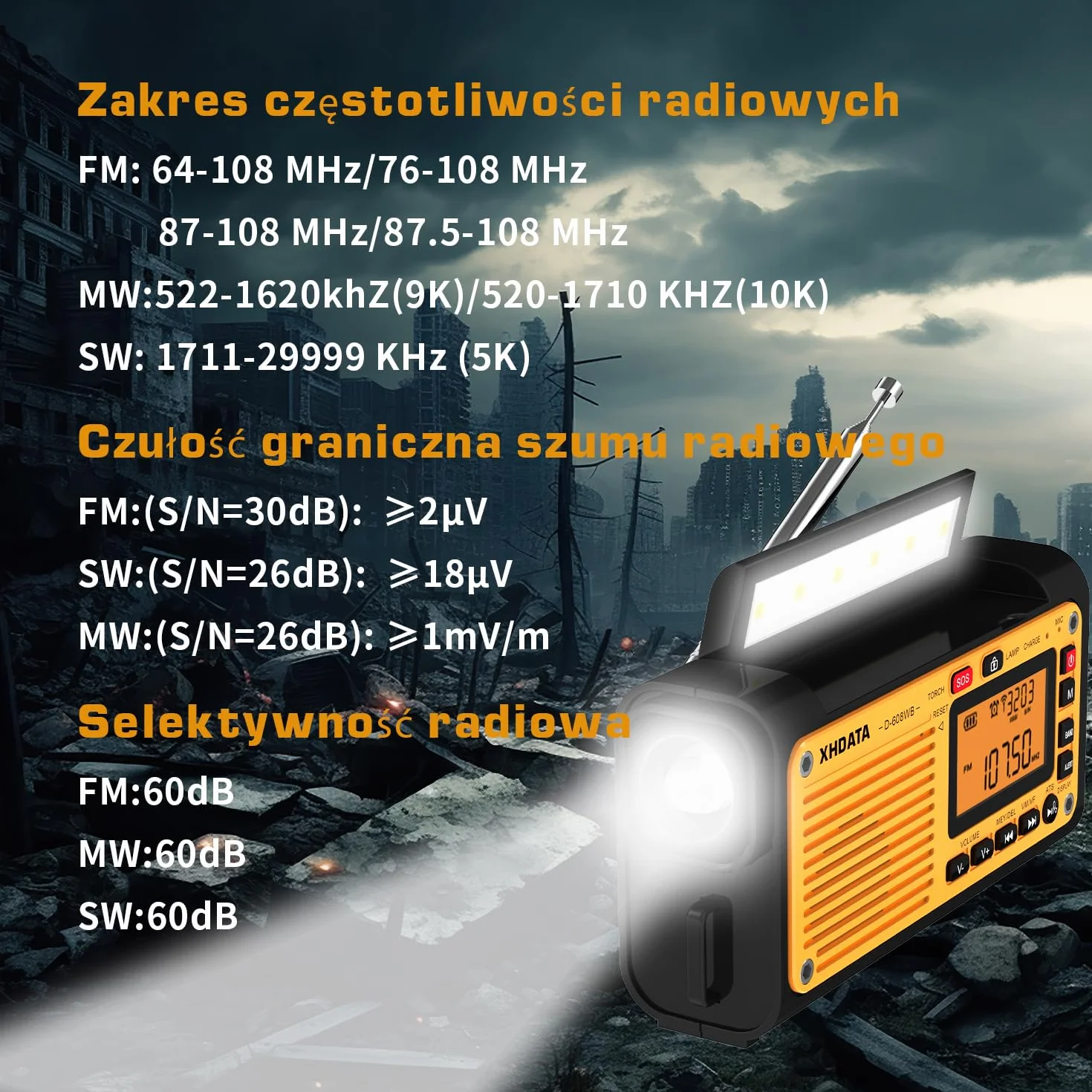 XHDATA D608WB - przenośne radio awaryjne zasilane energią słoneczną, akumulator 3000 mAh, ładowanie USB, Bluetooth, 3 tryby latarki i światła do czytania
