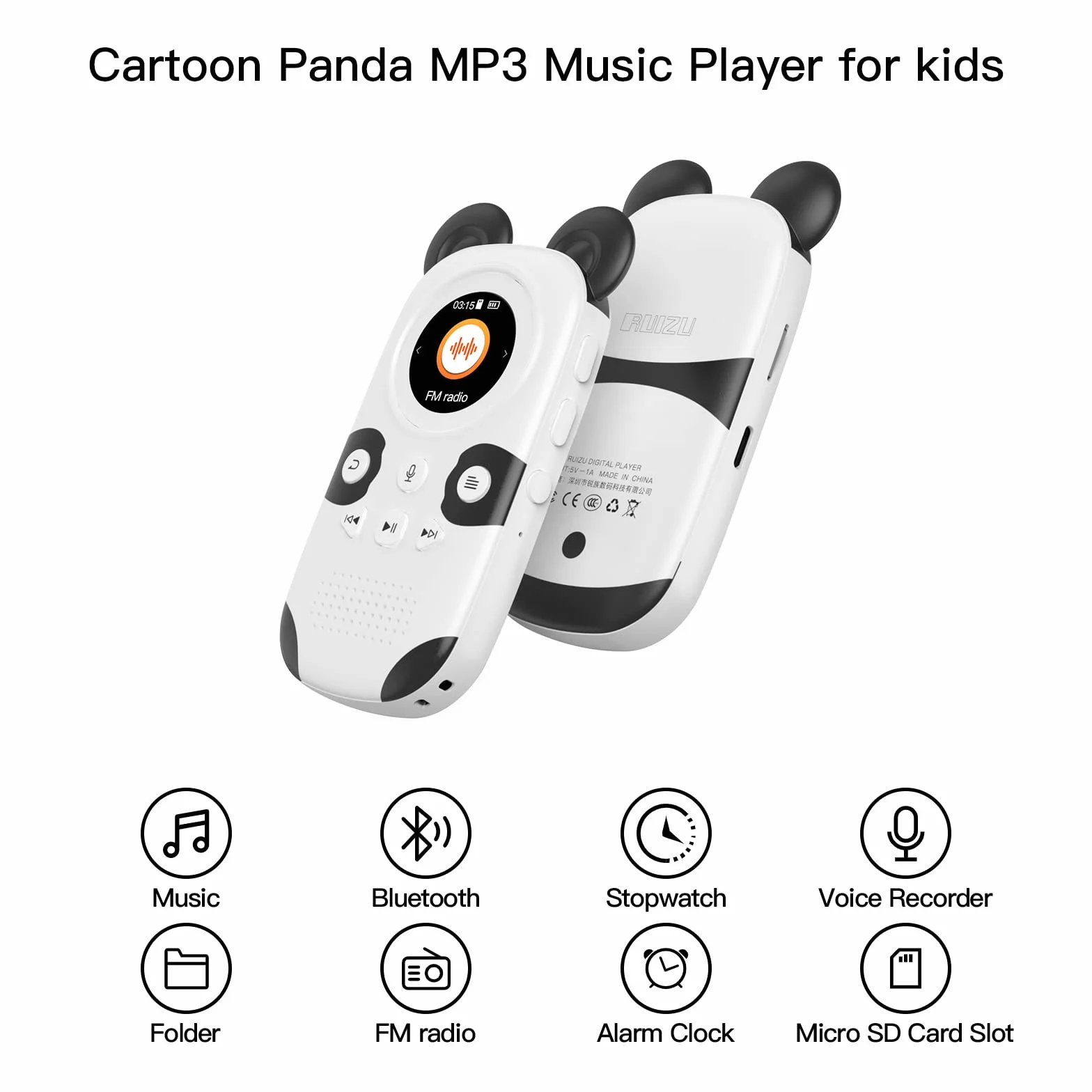 RUIZU Odtwarzacz MP3 z głośnikiem dla dzieci uroczy wyświetlacz Panda TFT 1,5 cala obsługa 64 GB karty TF 128 GB Bluetooth 5.0 MP3 Radio FM Budzik Krokomierz Rejestrator