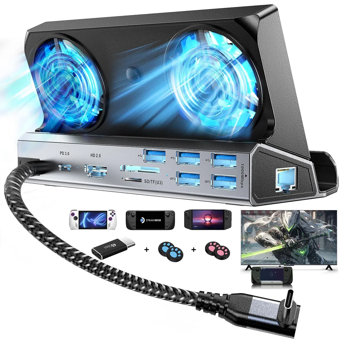 YCE Stacja dokująca 13 w 1 dla Valve Steam Deck/OLED/ROG Ally/Legion go/MSI Claw Typ C z dwoma wentylatorami chłodzącymi, HD2.0/4K@60Hz, 1000M Gigabit Ethernet, SD/TF, 5 USB A, ładowanie PD 100W