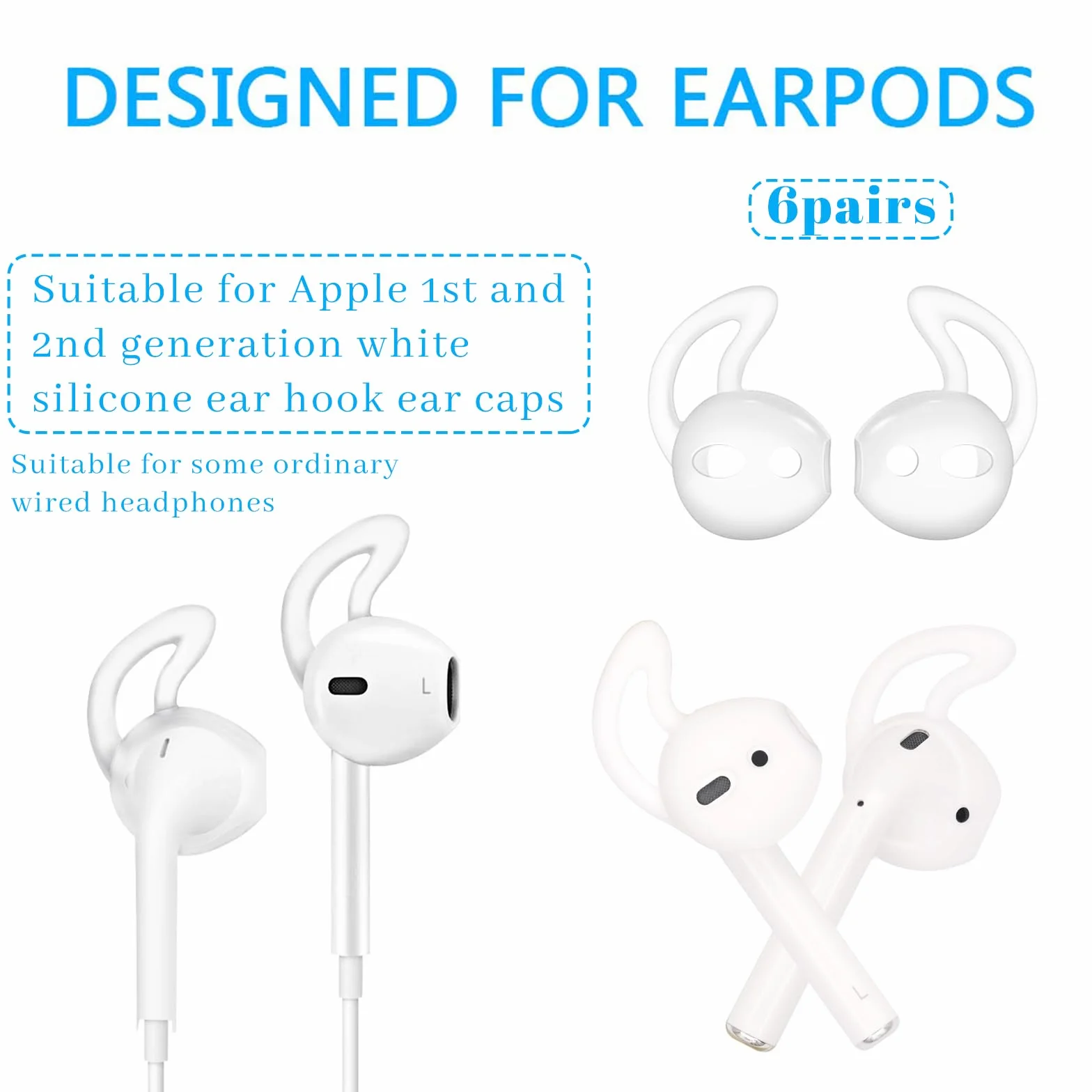 6 par silikonowych nakładek na ucho, kompatybilne ze słuchawkami AirPods 1 i 2, nauszniki zapobiegające upadkowi, zestaw słuchawkowy ochronny, ochrona antypoślizgowa (białe)