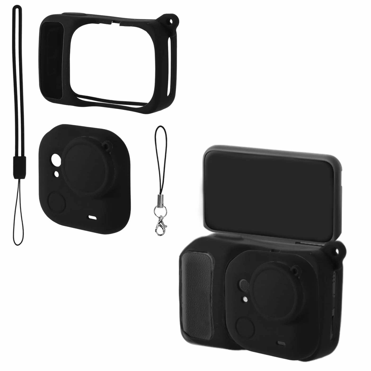 Zestaw Silikonowych Etui Kompatybilnych z Insta360 Go Ultra, Zawiera Etui Ochronne Aparat Obiektyw Oraz Pasek Nadgarstek Zapobiegający Zgubieniu Pasek Obiektyw Zapobiegający Zgubieniu(Czarne)