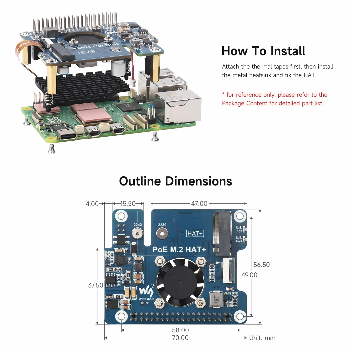 Waveshare PCIe To M.2 HAT+ Adapter With PoE for Raspberry Pi 5, with Cooler Fan, Support NVMe Drive Protocol 2230/2242 M.2 Solid State Drive & 802.3af/at Network Standard, High-speed Reading/Writing