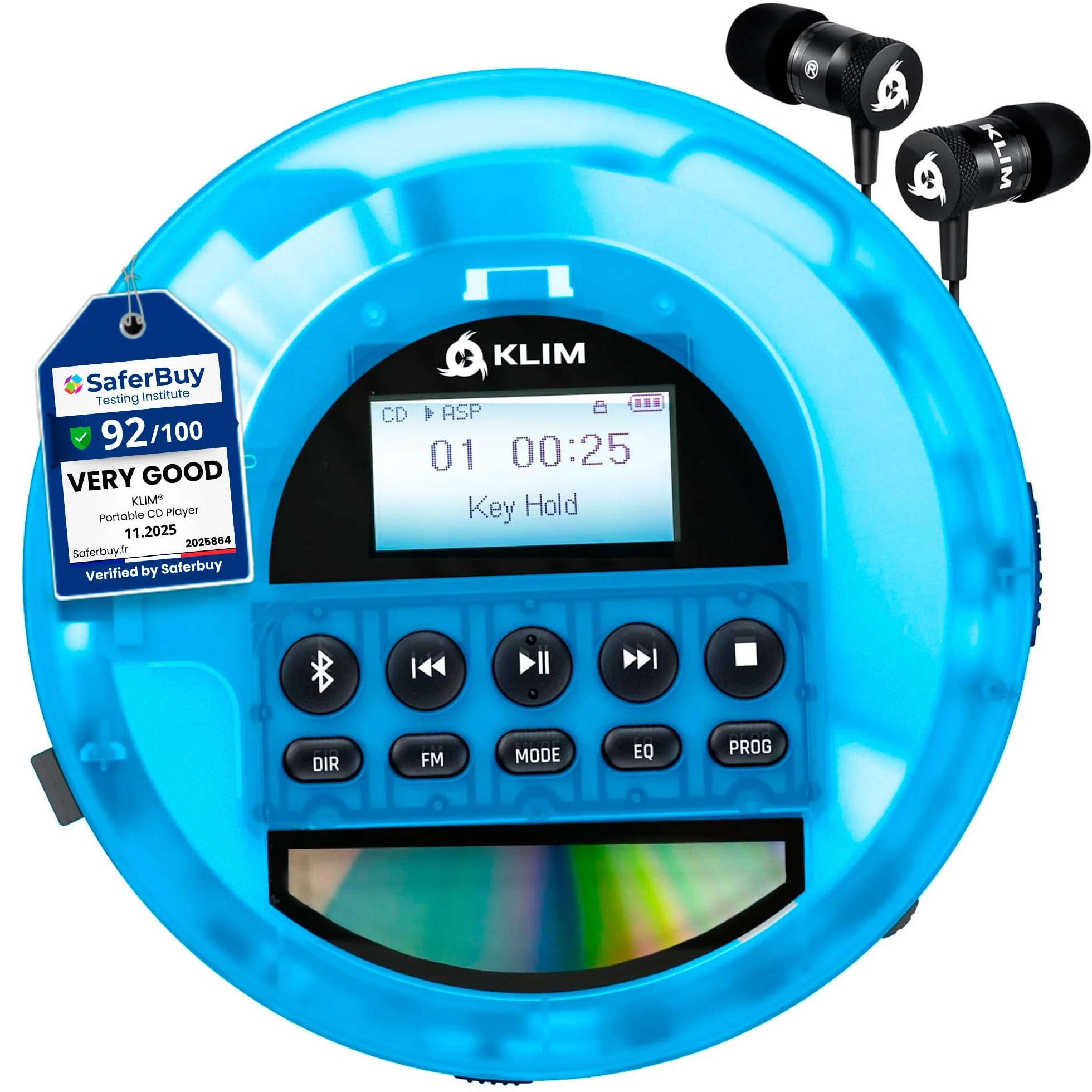 KLIM Nomad Transparent Blue - Przenośny odtwarzacz CD z długotrwałą baterią - w zestawie słuchawki - odtwarzacz MP3 Discman - karta TF, radio FM, Bluetooth, AUX - idealny do domu, samochodów - Wersja