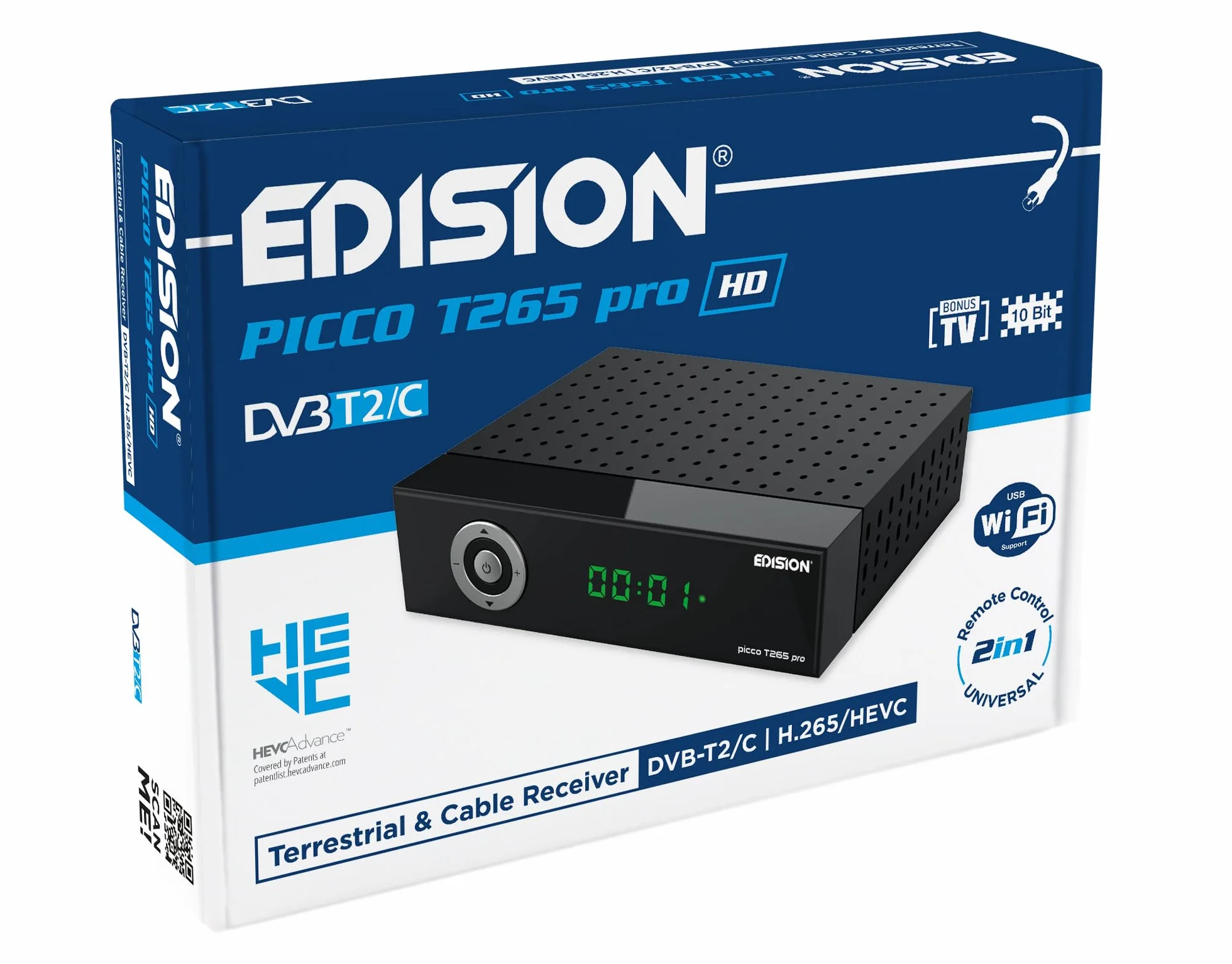 Dekoder dvb-t2 hevc EDISION PICCO T265 pro HD naziemnej i kablowy Odbiornik, DVB-T2/C H.265, FTA, Full HD, PVR, USB, HDMI, SCART, S/PDIF, IR, Obsługa USB WiFi, Uniwersalny pilot 2w1, Zasilacz 2w1