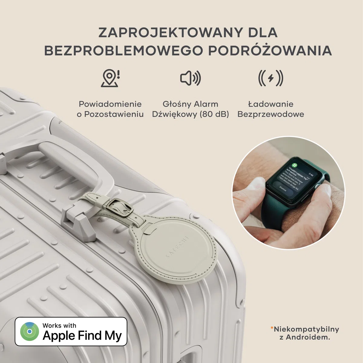 SATECHI FindAll Lokalizator Bagażu Z Funkcją Apple Find My, Ładowaniem Bezprzewodowym, Alertami Dźwiękowymi I GPS-Em Do Bagażu I Plecaka, Do iPhone 17 16 15, iPad, Mac I Innych Urządzeń – Beżowy
