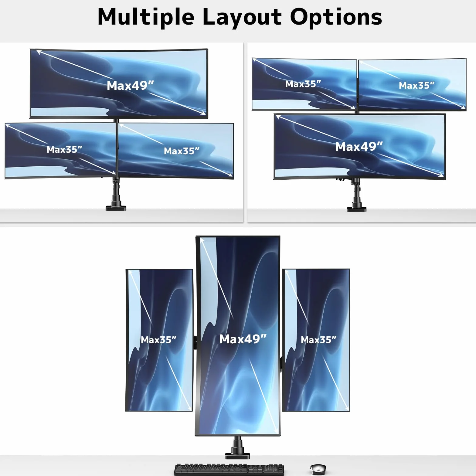 Uchwyt do monitora, 3 monitory, biurko – 1 stały 49" i 2 sprężyny gazowe 35", uchwyt na ekran, 3 monitory, regulacja wysokości, drążek 80 cm, uchwyt stołowy do 20 kg