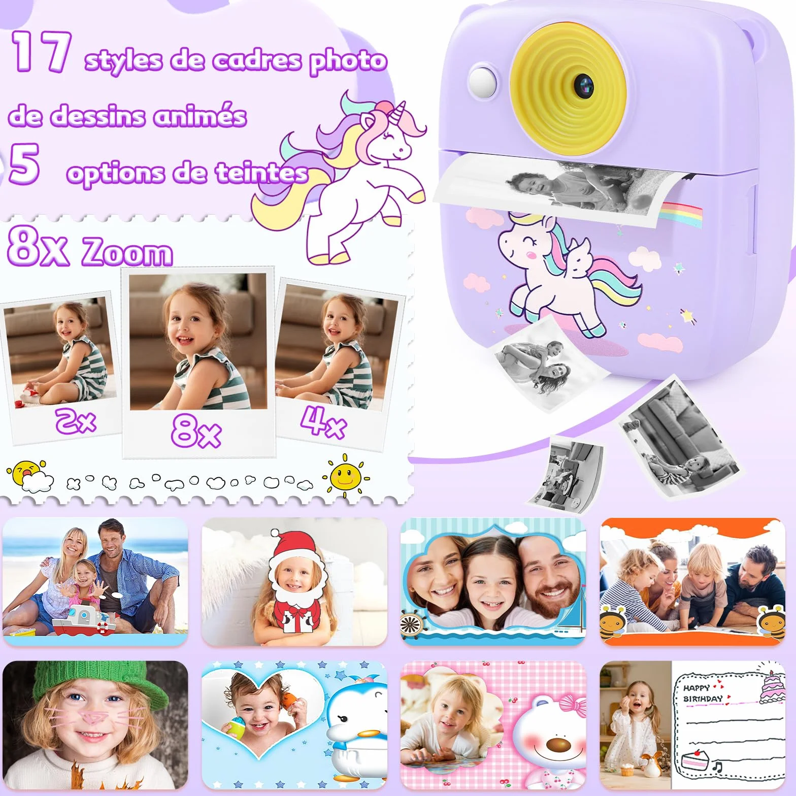 Aparat natychmiastowy dla dzieci, aparat natychmiastowy 48 MP dla dzieci z kartą 32 GB i papierem do drukowania, aparat cyfrowy dla dzieci 1080P, prezent dla chłopców - fioletowy
