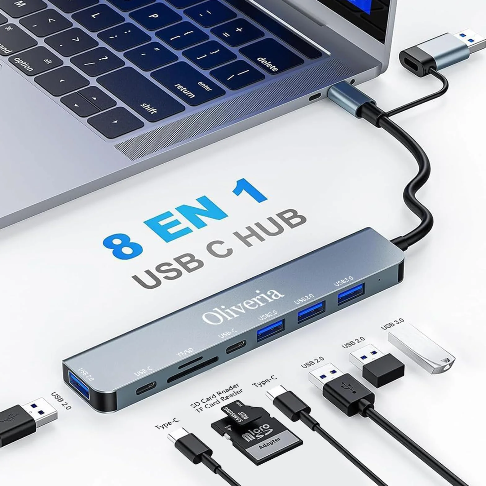 Koncentrator USB-C 3.0, wieloportowy adapter USB Hub 3.0 8 w 2 z czytnikiem kart SD i TF, portami USB 3.0 i USB 2.0, portem USB-C, do urządzeń MacBook Air/Pro, Galaxy, iPada, z systemem Windows itp.