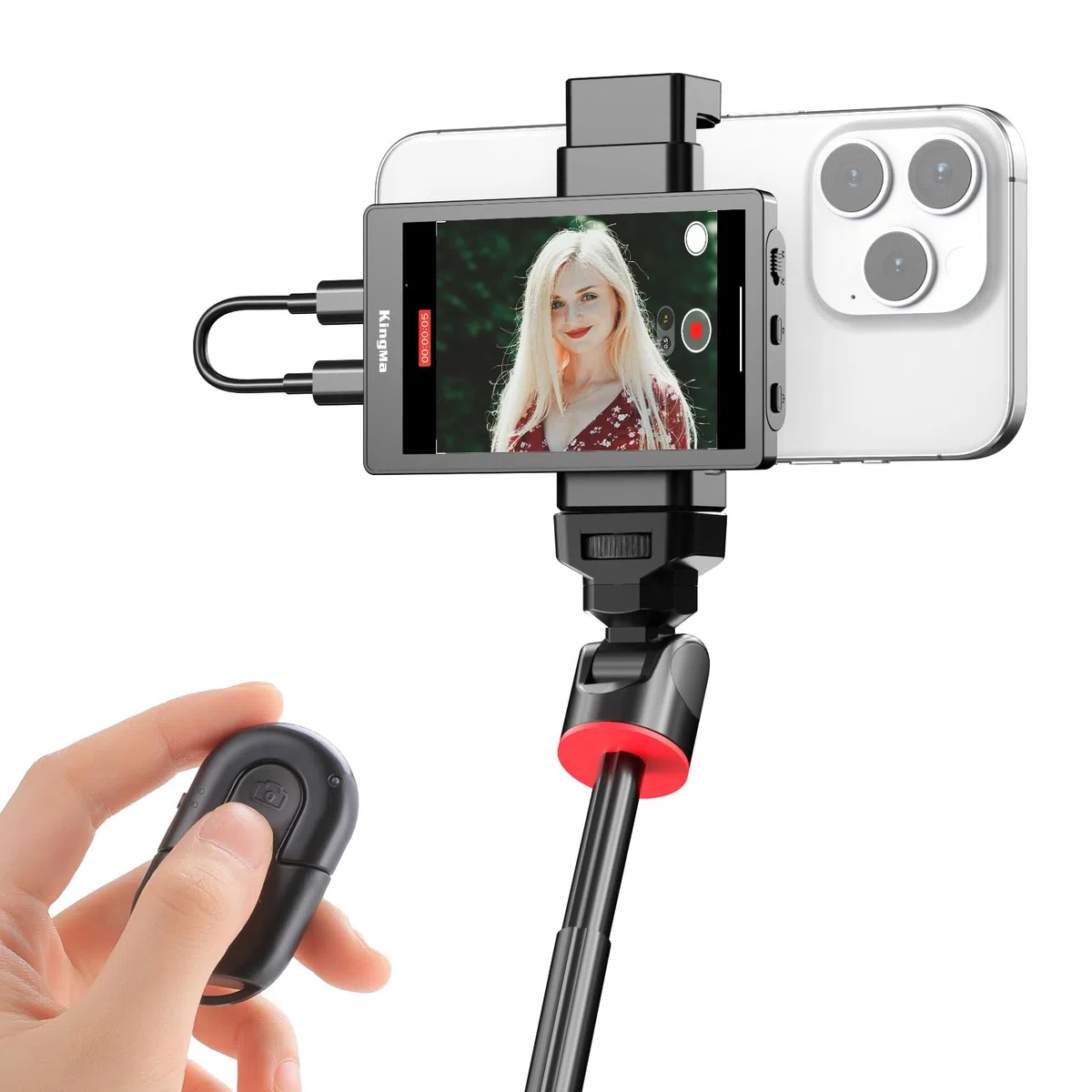 King Ma 4K Vlog Selfie Monitor Ekran, Przewodowy mini wyświetlacz dla tylnej kamery iPhone z magnetycznym uchwytem na telefon i zdalnym sterowaniem Bluetooth do vlogów, transmisji na żywo i TikTok