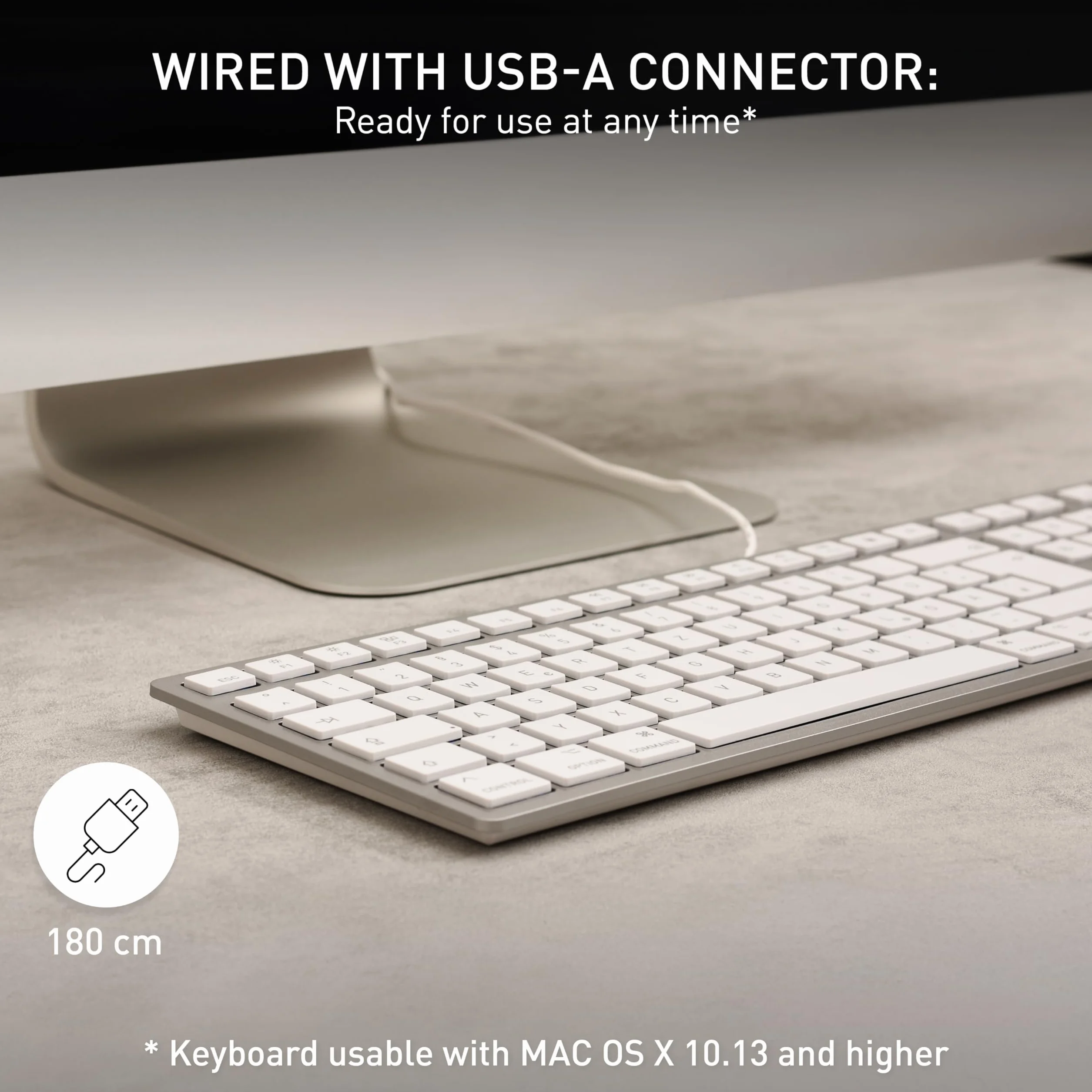 CHERRY KC 6000 SLIM FOR MAC, przewodowa klawiatura Mac (złącze USB-A), układ UK (QWERTY), ciche klawisze, płaska konstrukcja, biało-srebrna