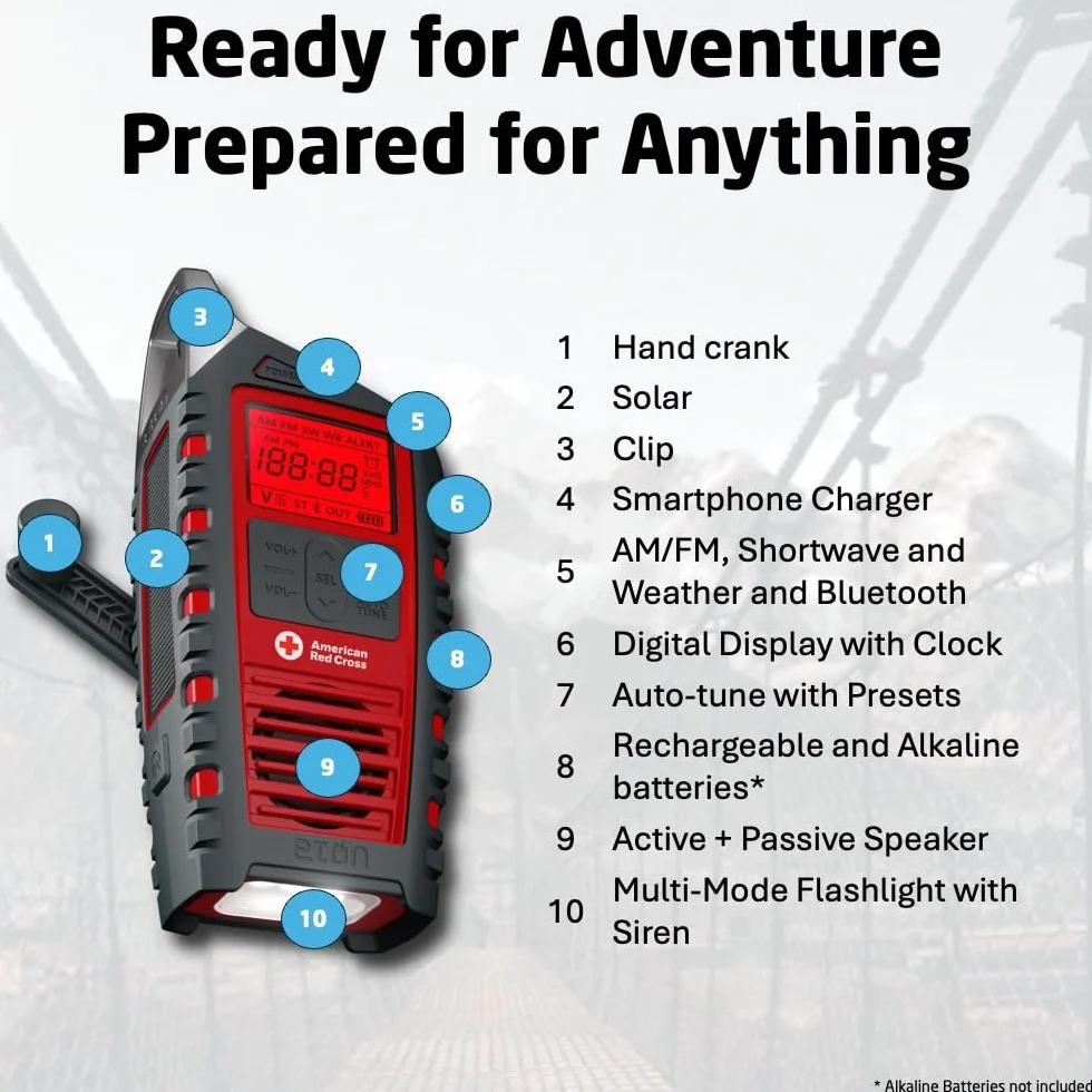 Eton American Red Cross Adventure Series Odyssey - wielopasmowe radio (AM/FM/NOAA/krótkofalowe) z Bluetooth, zasilane energią słoneczną, zasilaniem bateryjnym, latarką LED, ładowarką do telefonu