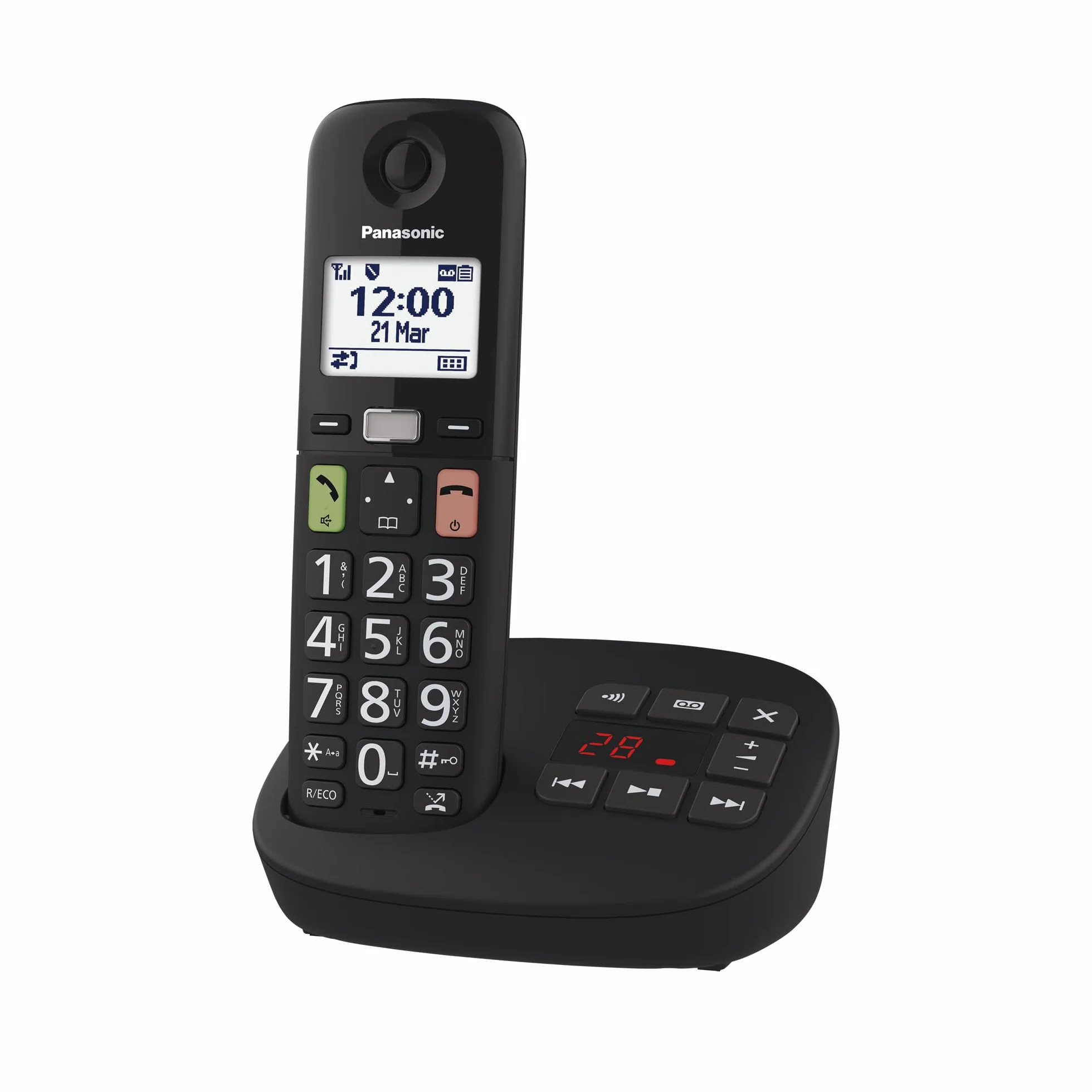Panasonic KX-TGU130EXB Bezprzewodowy telefon cyfrowy z automatyczną sekretarką, jednostką podstawową i 1 słuchawką, wyświetlaczem LCD, dużymi klawiszami, ulubionymi połączeniami, kompatybilny z