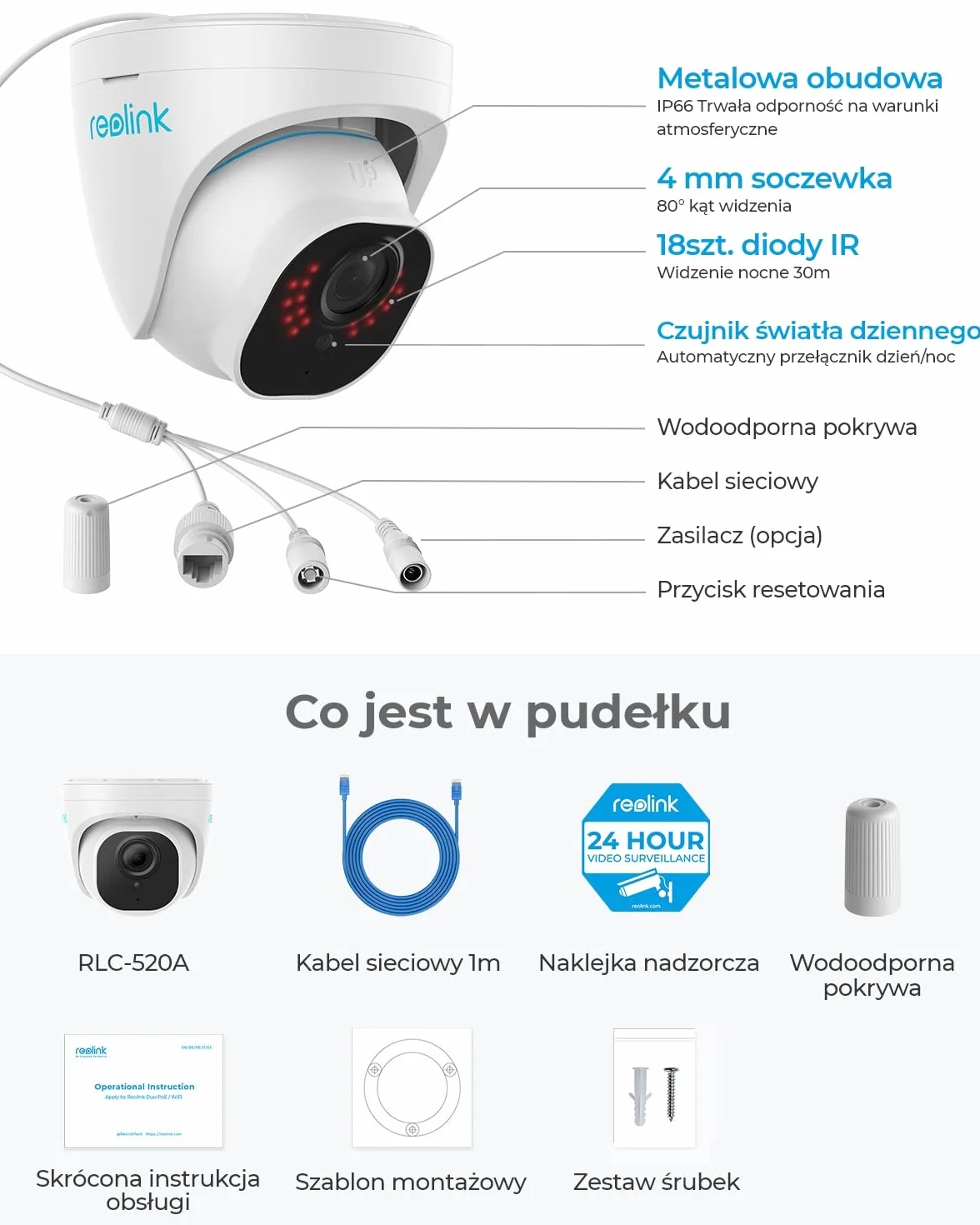 Reolink Zewnętrzna Kamera Monitoringu PoE z Wykrywaniem Ludzi/Pojazdów, Pogodoodoprność IP67, Kopułowa Kamera CCTV IP, Kamera Monitoringu z Nagrywaniem Audio i Funkcją Timelapse RLC-520A