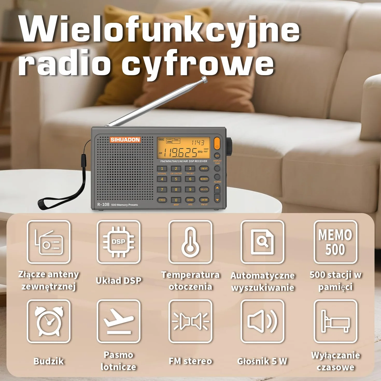 Radio przenośne SIHUADON R108 FM SW MW z czystym odbiorem, gniazdo słuchawkowe, timer, budzik, szary