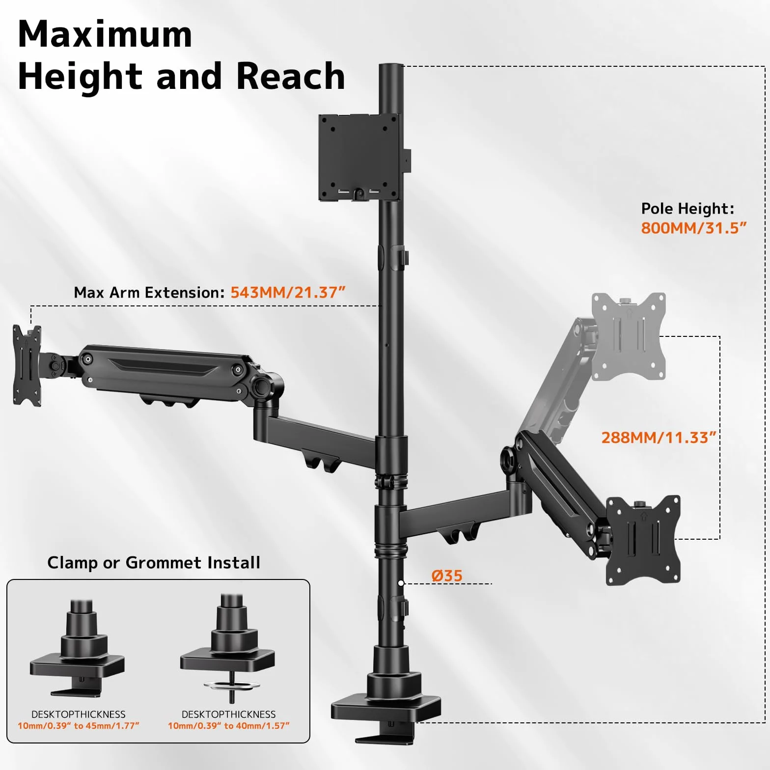 Uchwyt do monitora, 3 monitory, biurko – 1 stały 49" i 2 sprężyny gazowe 35", uchwyt na ekran, 3 monitory, regulacja wysokości, drążek 80 cm, uchwyt stołowy do 20 kg