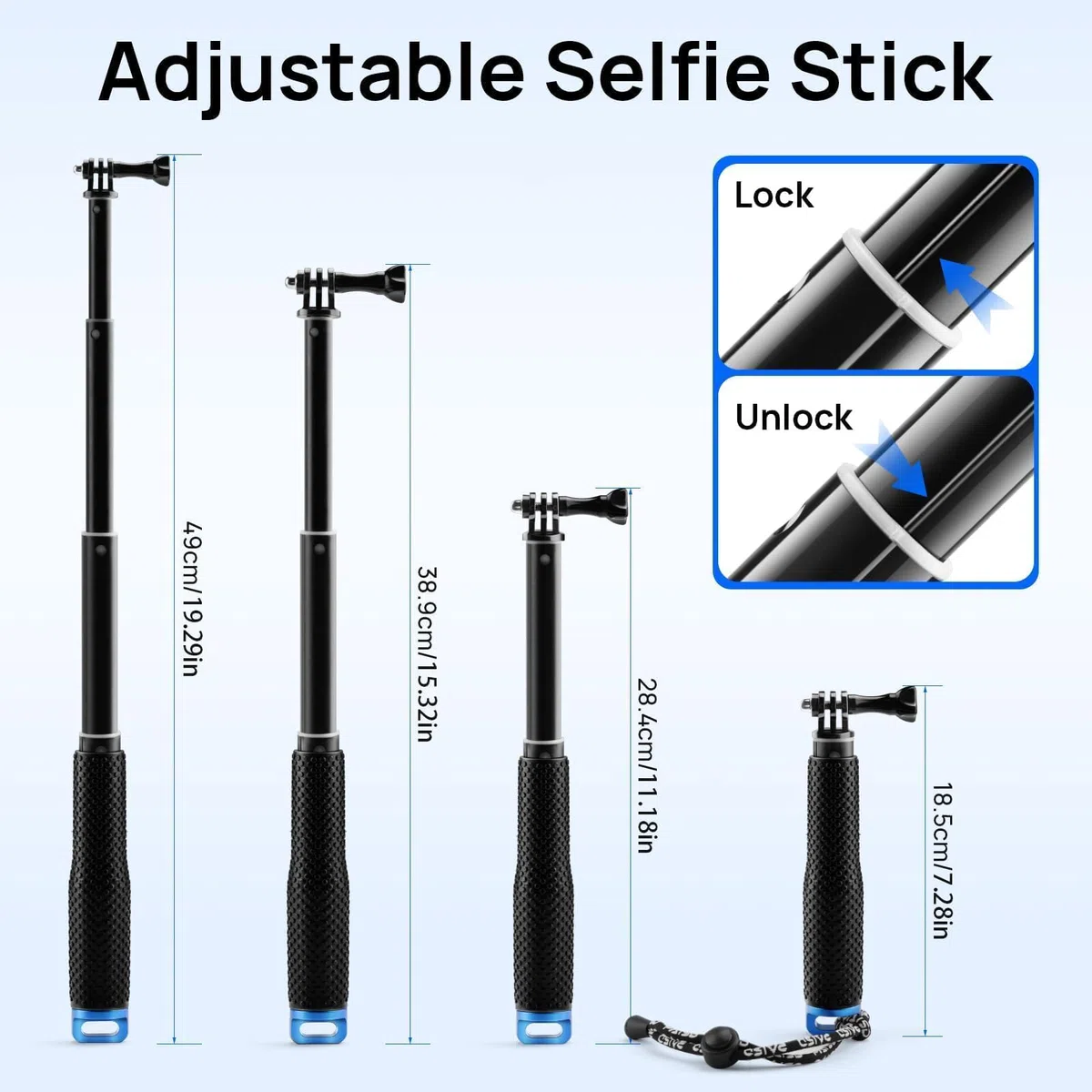 GlasFlength Kijek do selfie dla GoPro Hero 12 11 10 9 8 czarny, teleskopowy kijek do selfie dla Insta360/X3/One DJI Mini 3 Pro i innych kamer sportowych (stop aluminium)