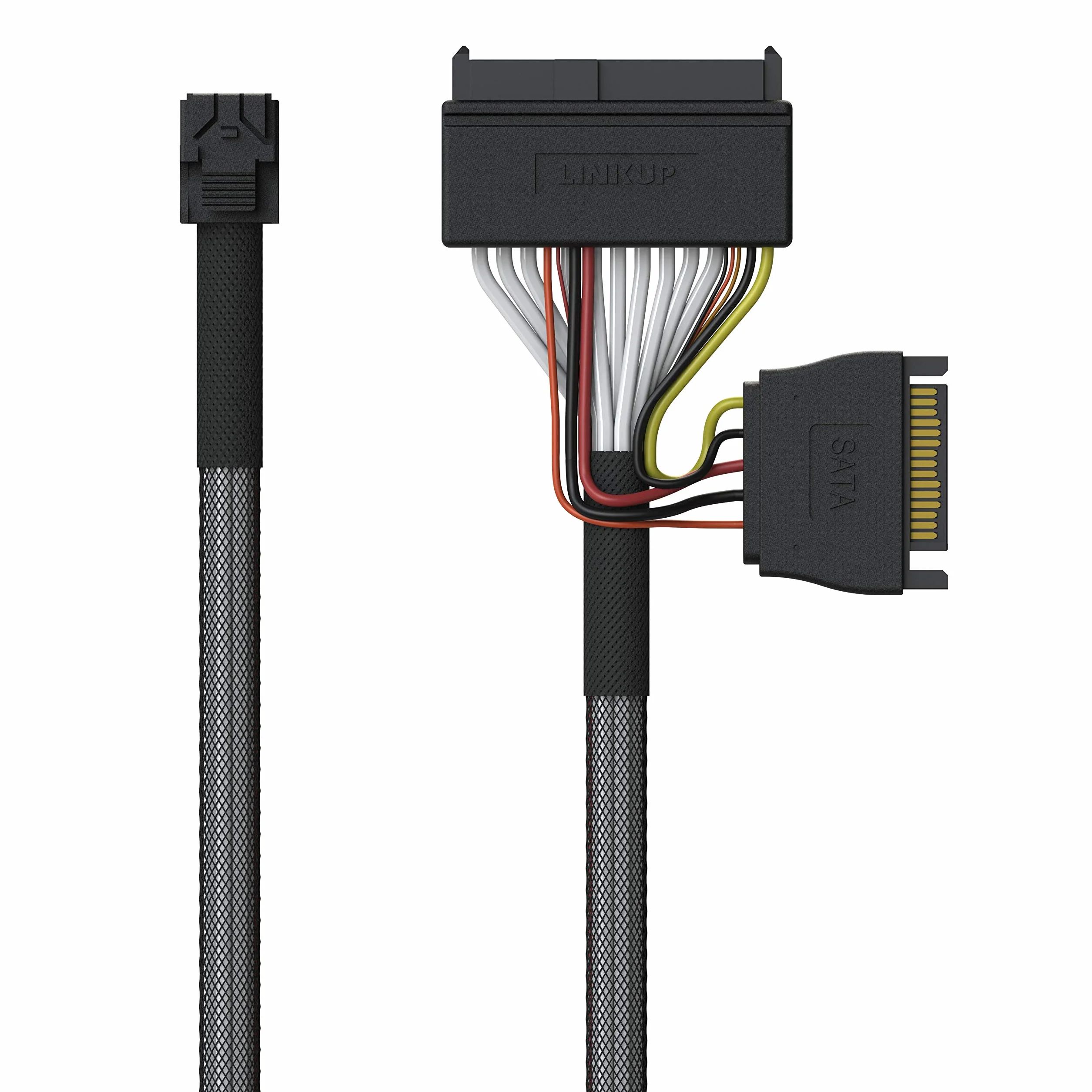 LINKUP Wewnętrzny kabel 16G U.2 (85 Ω 85 omów PCIe Gen 4 Mini SAS HD do U.2/SFF-8643 do SFF-8639) z zasilaniem SATA - 0,9 m