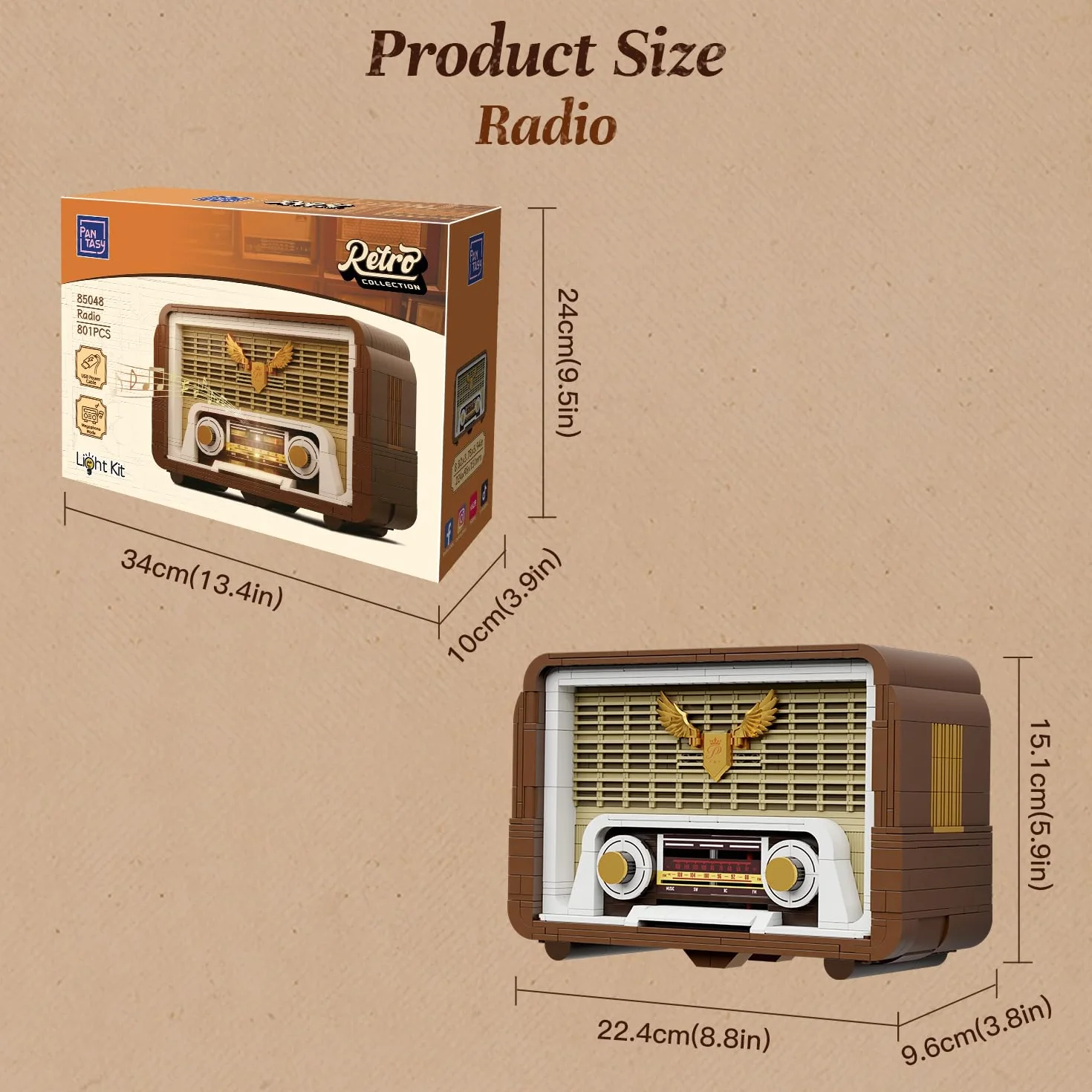 PANTASY Zestaw Klocków Retro Radio dla Dorosłych, Model Radia Vintage z Modułem Świetlnym i Ruchomym Pokrętłem Strojenia, Wzmacniacz do Telefonu, Zestaw Zasilany Model Kolekcjonerski