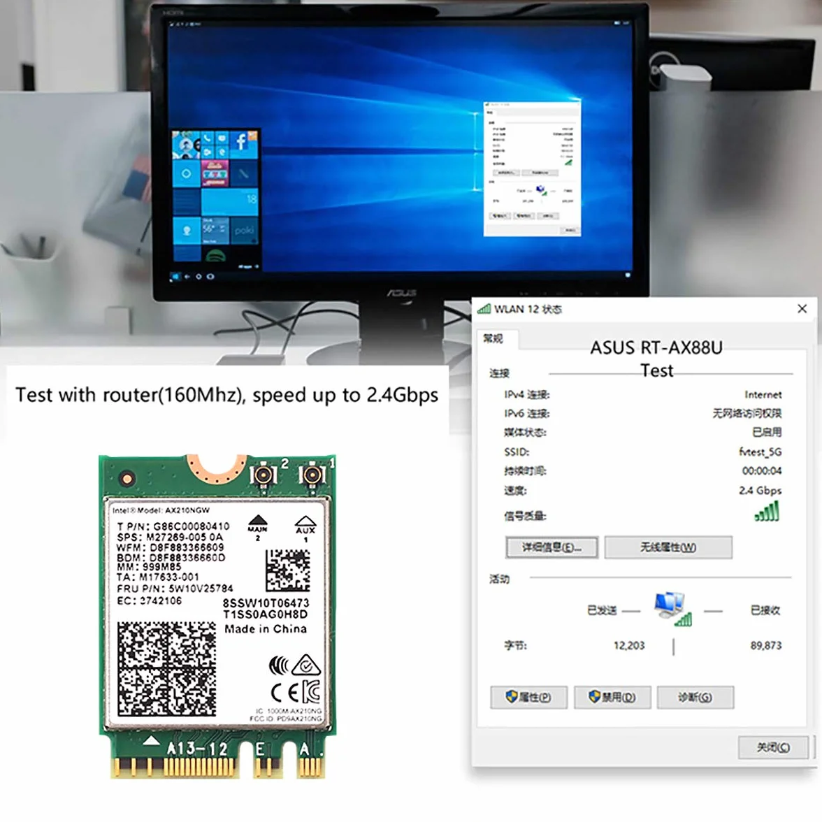 Intel AX210 Wi-Fi 6E Bluetooth 5.3 3000 Mbps M.2 2230 Key E Adapter AX210NGW NGFF WiFi 6 karta 802.11ax/ac z anteną 6dBi