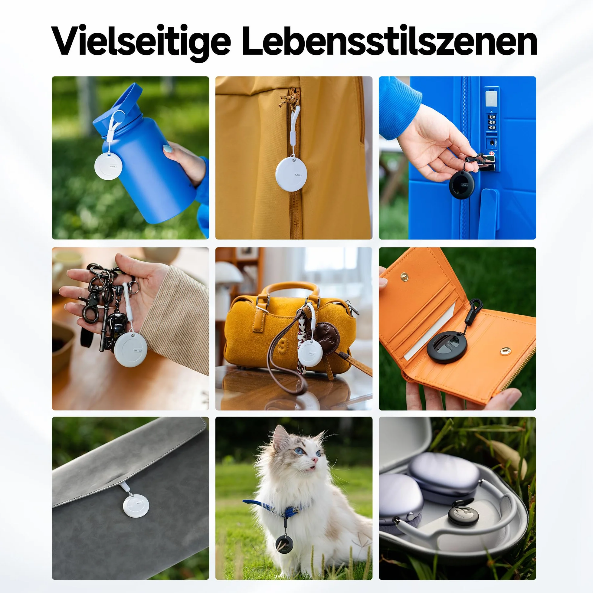 MiLi MiTag Duo Lokalizator Bluetooth dla Android i iOS, Inteligentny Tracker Kluczy i Bagażu, Kompatybilny z Google Znajdź moje urządzenie i Apple Find My, Z Wymienną Baterią, 4 Pack