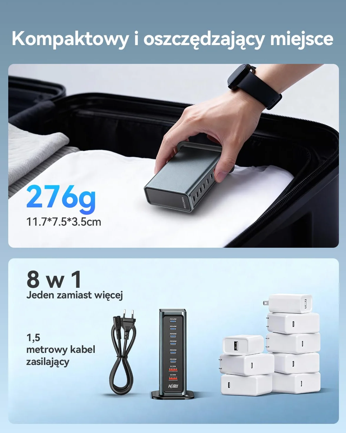 Ładowarka wieloportowa Rocoren USB-C 720W, 8-portowa stacja ładująca PD 140W z 4 portami USB-C i 2 portami A, zasilacz USB GaN do laptopów, MacBooków, iPadów, iPhone'ów, Samsungów i innych urządzeń