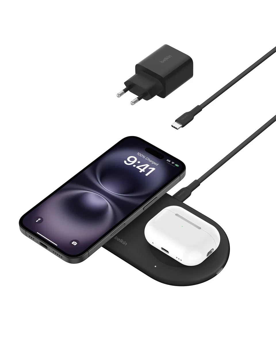 Belkin BoostCharge Pro bezprzewodowa podkładka ładująca 2 w 1 z Qi2 15W, szybkie ładowanie iPhone'a, zgodność z urządzeniami iPhone z serii 16/15/14/13/12, AirPods i innymi z obsługą MagSafe – czarna