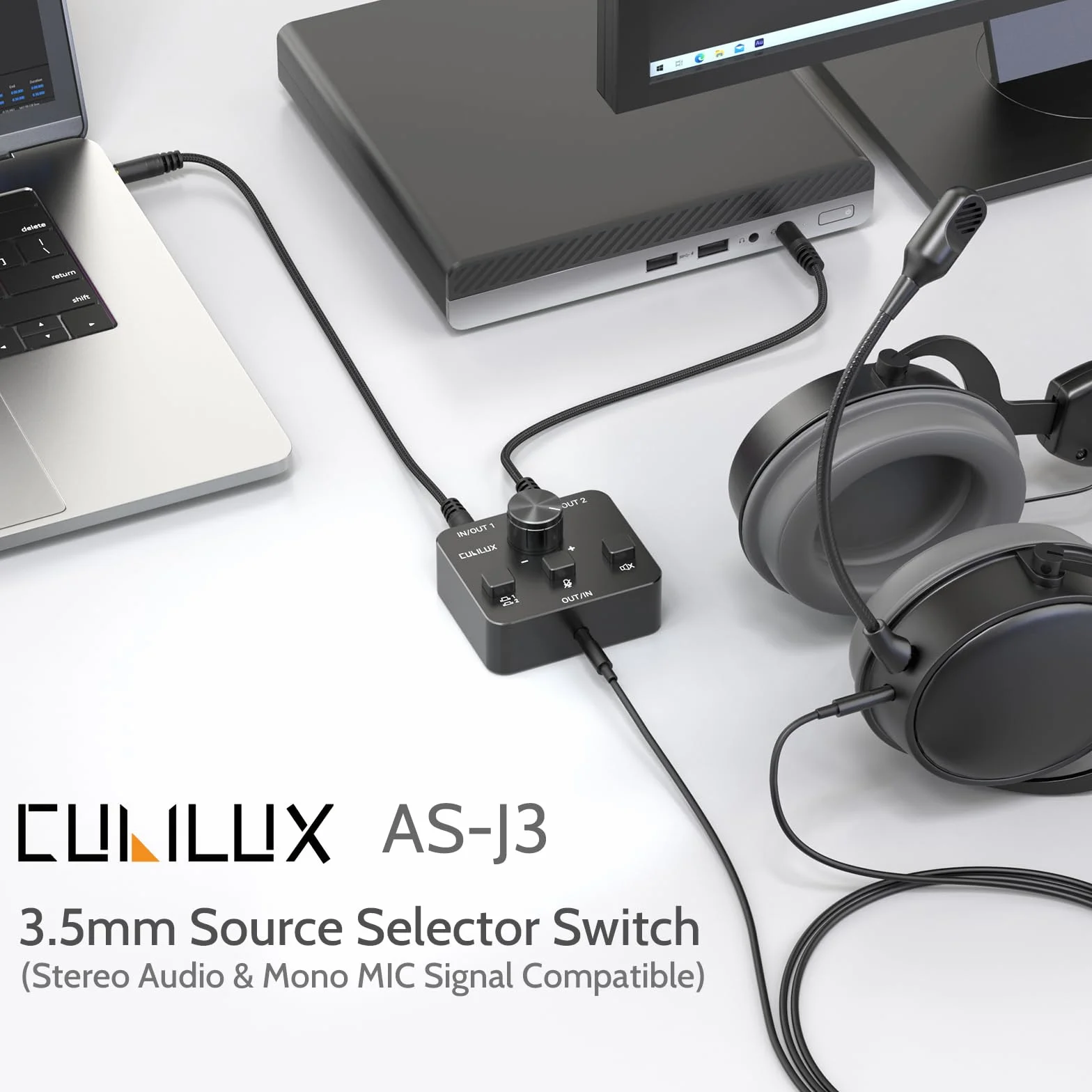 Cubilux AS-J3 3,5 mm Przełącznik wyciszania Audio/MIC, dwukierunkowy 2-w-1-Out lub 1-In-2-Out 1/8 Stereo AUX i Mono Mikrofon Selektor Sygnału Kompatybilny PC Laptop Komputer Głośnik Słuchawki Zestaw