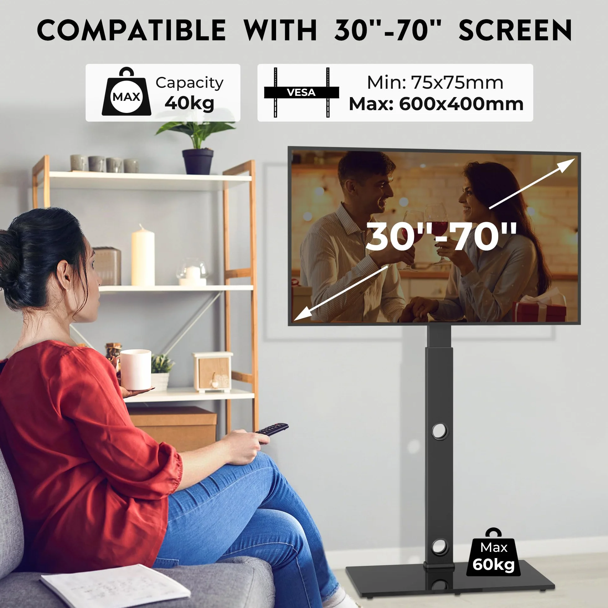 BONTEC Stojak Podłogowy TV 30-70 cali Obrót ±37° Regulacja Wysokości Max Udźwig 40 kg VESA 75x75-600x400 mm Szklana Podstawa