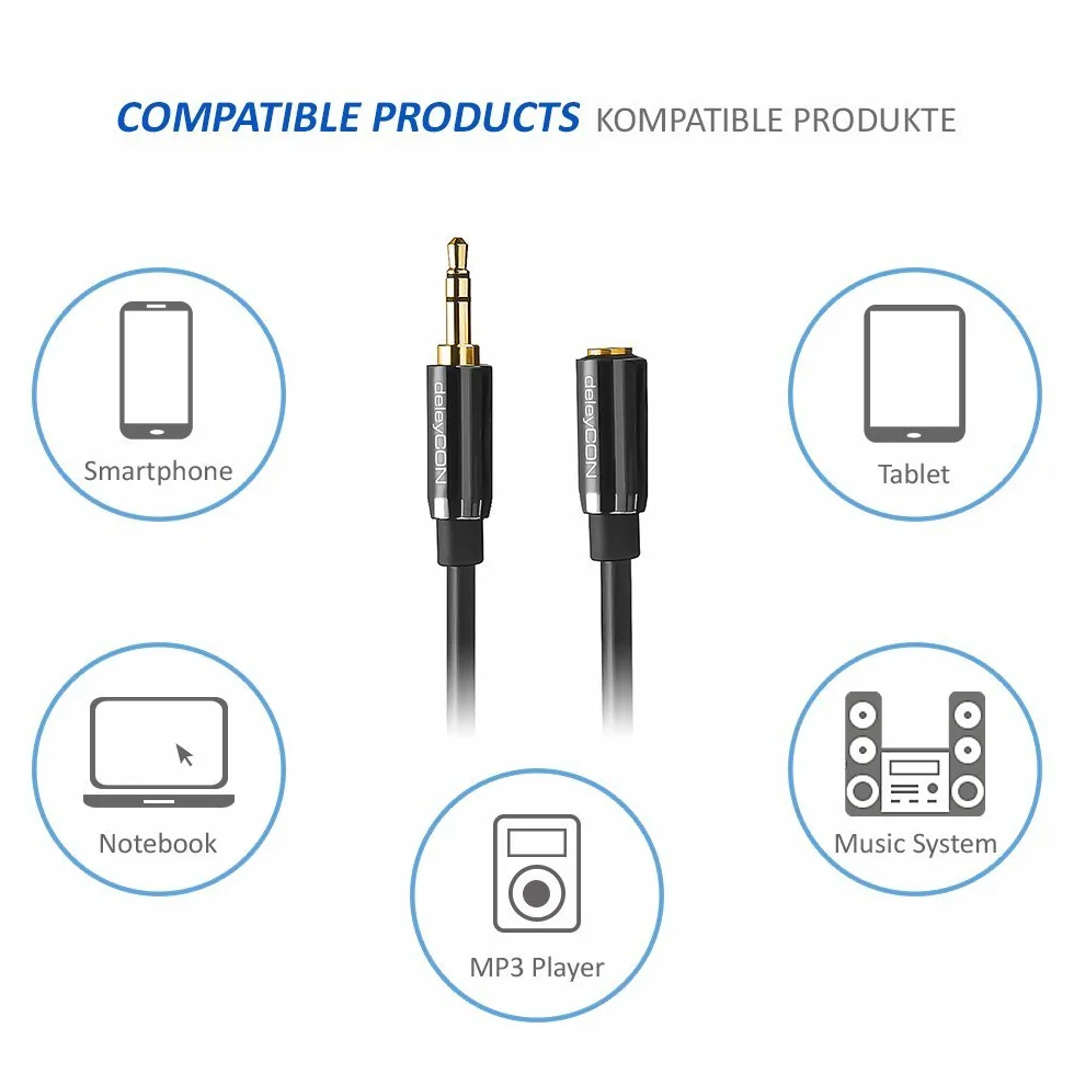 deleyCON 1,5m Przedłużacz Audio Stereo - Jack 3,5 mm Gniazdo na Wtyk - Kabel AUX Stereo z Metalową Wtyczką do Głośników i Słuchawek - Czarny