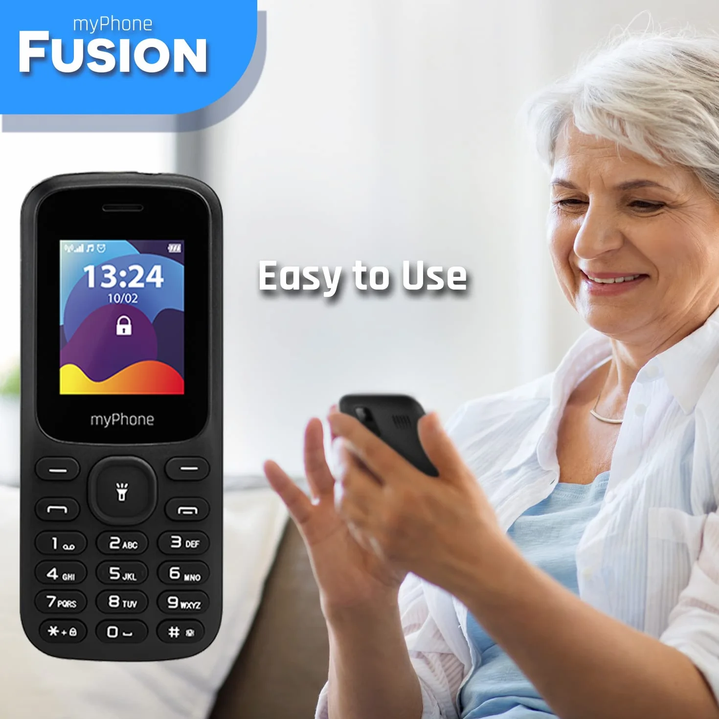 MP myPhone Fusion, telefon klawiszowy, duże klawisze, kolorowy wyświetlacz 1,77”, bateria 600 mAh, latarka, radio, mp3, dual sim, bluetooth, telefon dla seniora, podświetlone klawisze, czarny