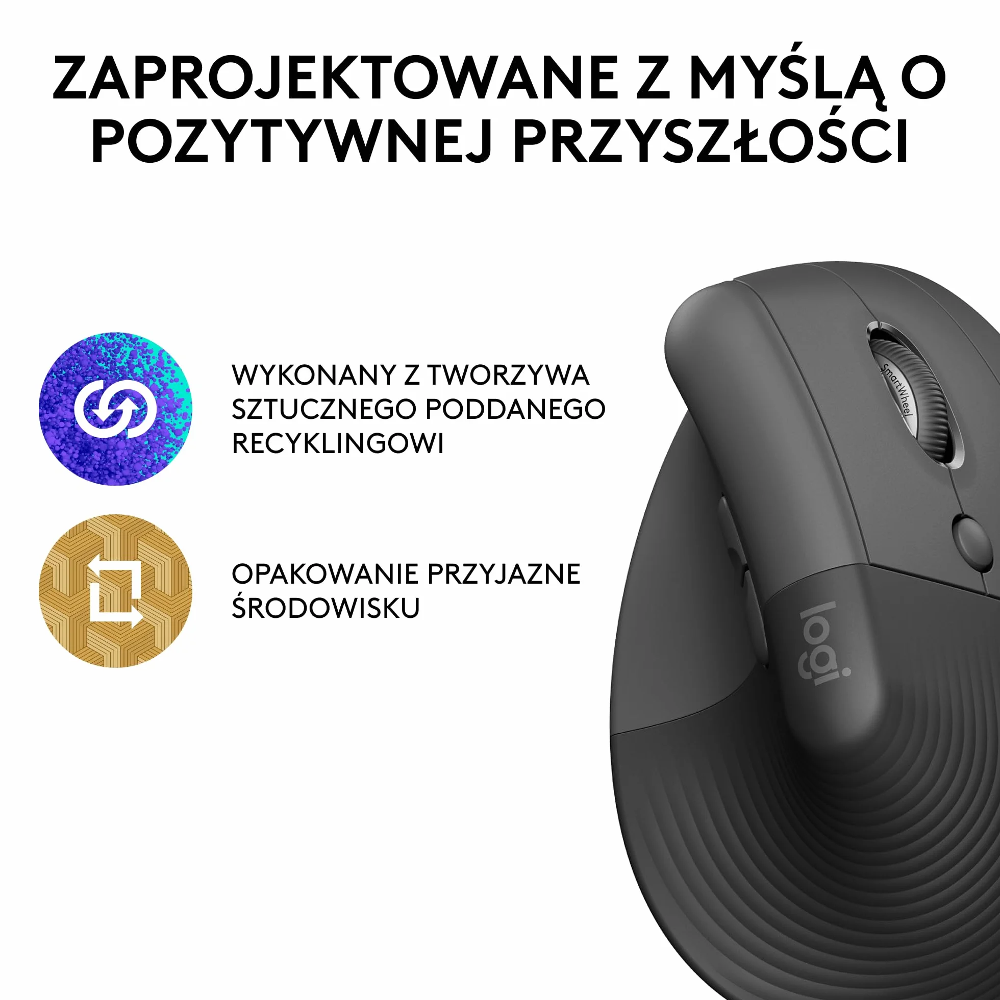 Logitech Lift Vertical, Ergonomiczna, bezprzewodowa mysz Bluetooth z odbiornikiem Logi Bolt USB, ciche przyciski, 4 przyciski, zgodna z Windows/macOS/iPadOS na laptopy/PC - Szary