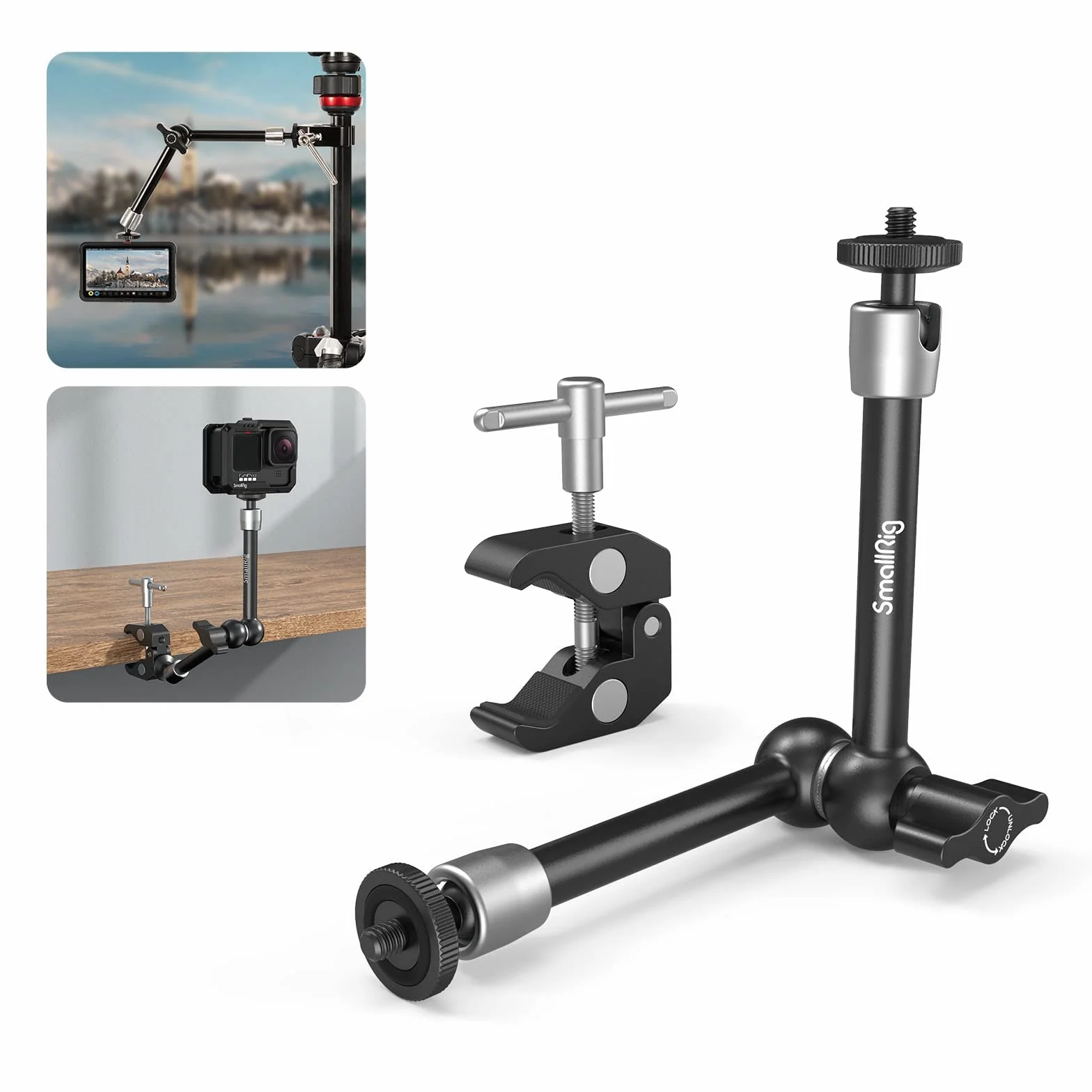 SMALLRIG Magic Arm, Clamp w/ 1/4" and 3/8" Thread 10-calowe magiczne ramię z Super Clamp Duży zacisk szczypiec do Monitor/LED Lights - KBUM2732B