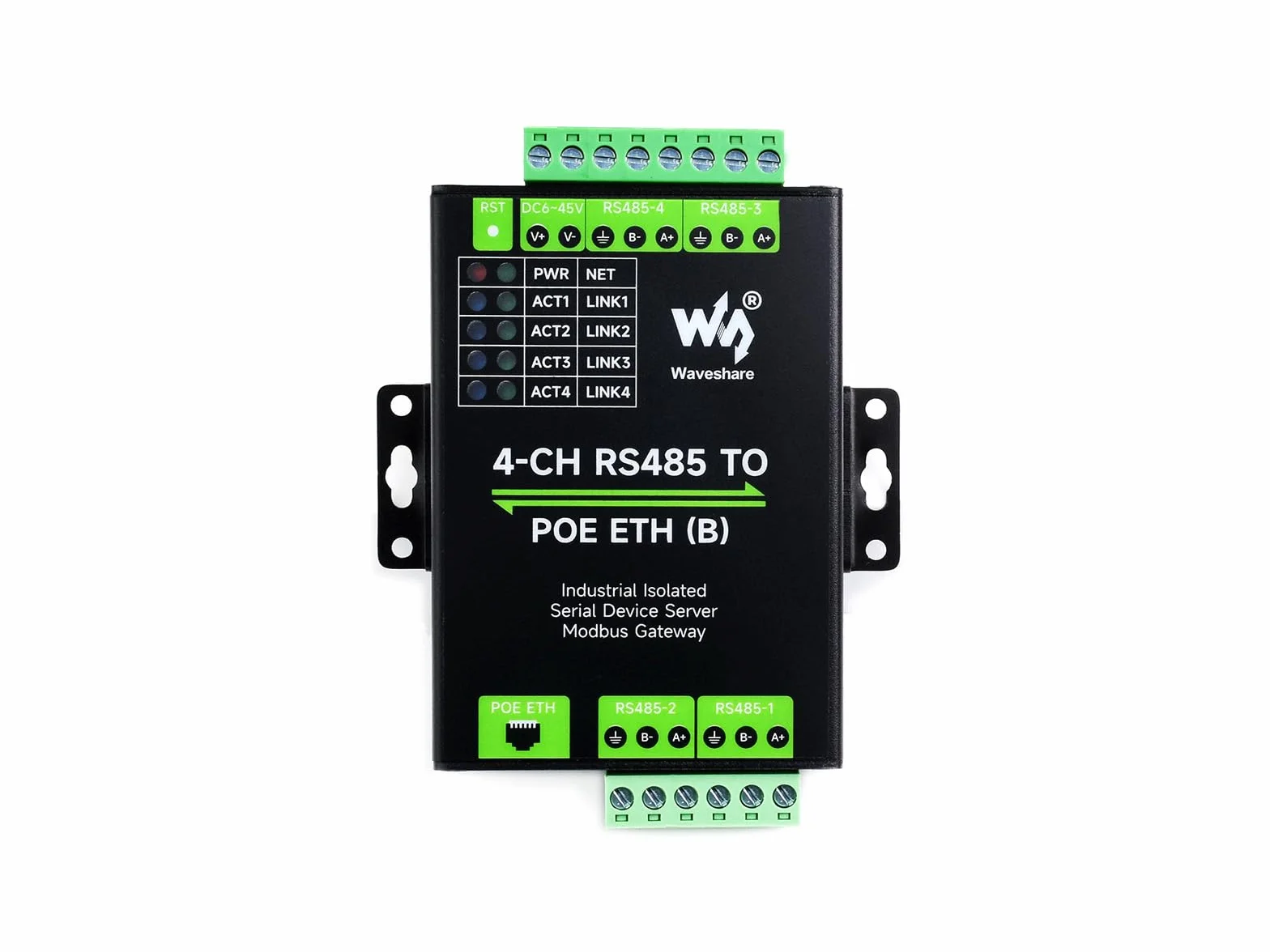 Waveshare 4-Ch RS485 to RJ45 Ethernet Serial Server, 4 Channels RS485 Independent Operation, Rail-Mount Industrial Isolated Serial Module, Modbus Gateway, PoE Ethernet Port